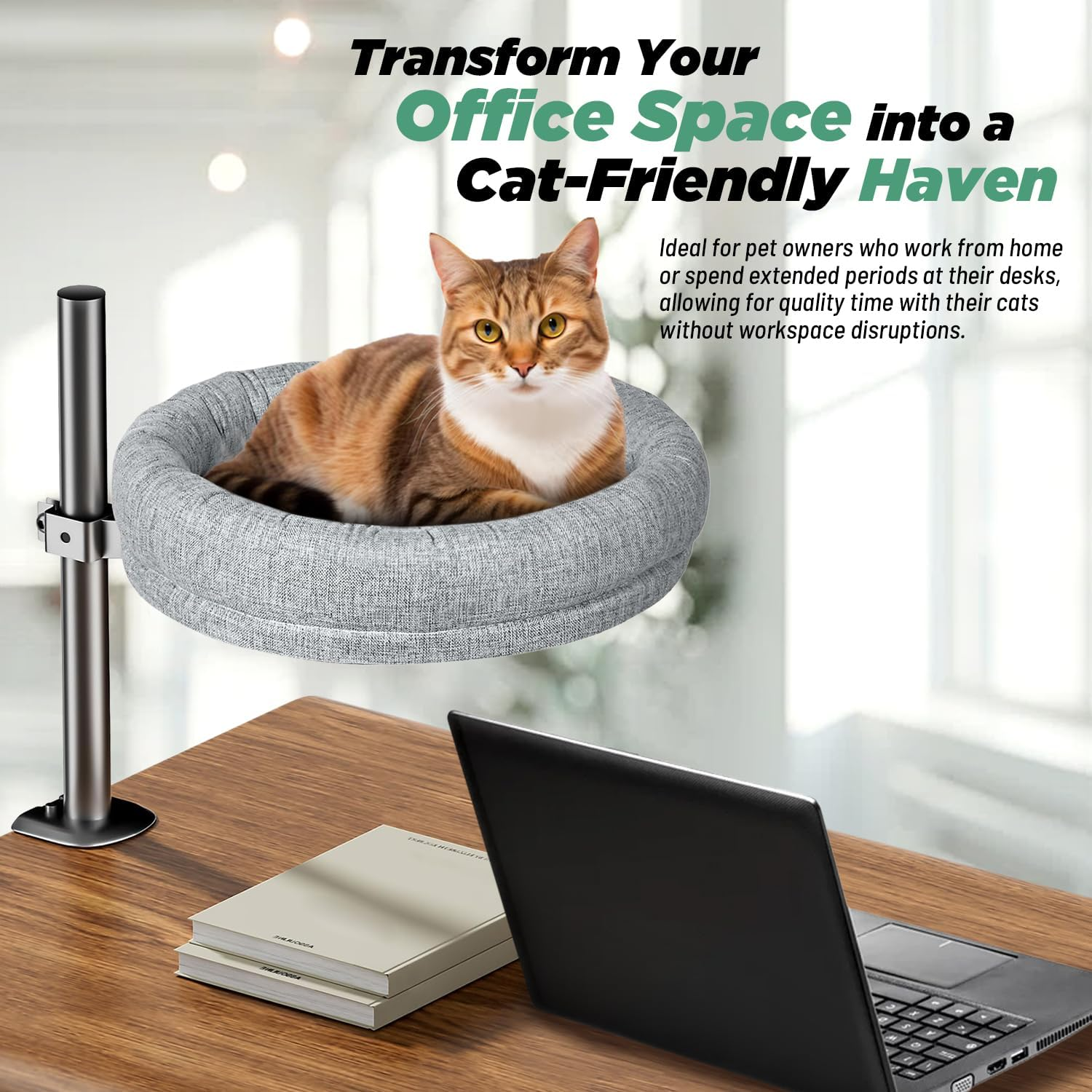 Raised Cat Bed &ndash; 360&deg; Rotating Cat Hammock for Desk | Spacious Elevated Cat Nest with Soft Plush Cushion | Adjustable Height up to 40Cm | Secure Padded Clamp, Space-Saving & Machine Washable image number 2
