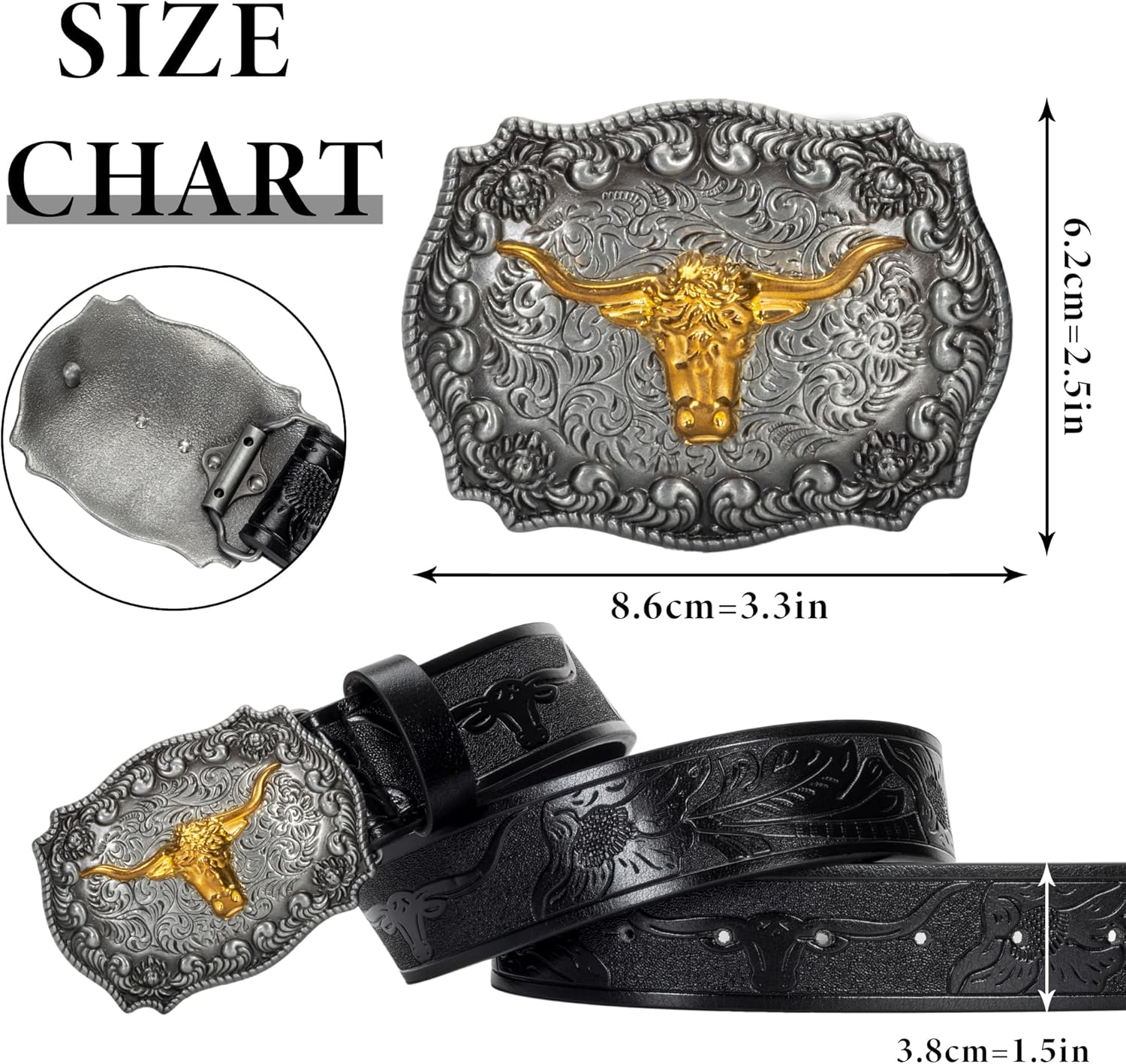 Vikodah Men & Women-Western-Cowboy-Leather-Belts - Longhorn Bull Pattern Buckle Belt Floral Engraved Buckle Belt for Jeans image number 5