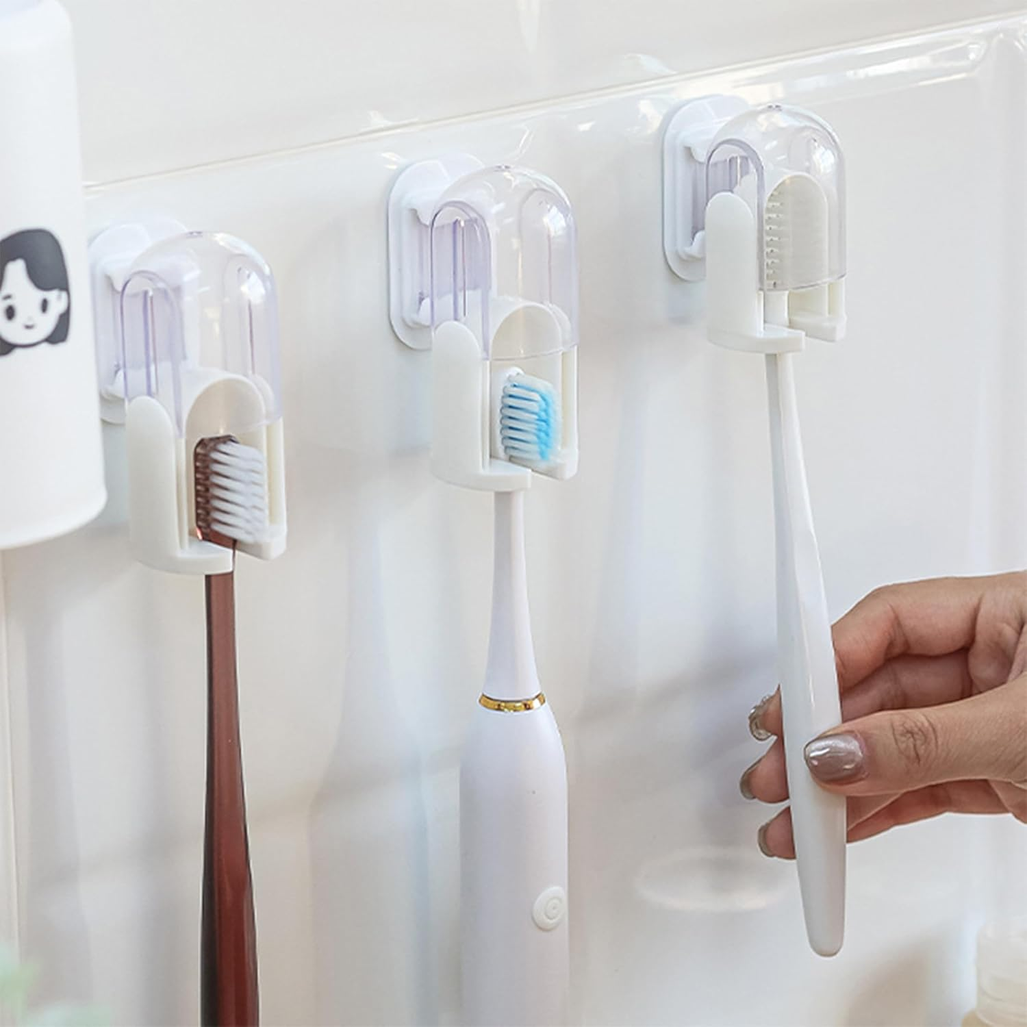 4-Pack Wall Mounted Toothbrush Holder with Cover - Bathroom Storage Rack & Organizer for Manual and Electric Toothbrushes - Self-Adhesive Toothbrush Stand for Shower Use image number 6