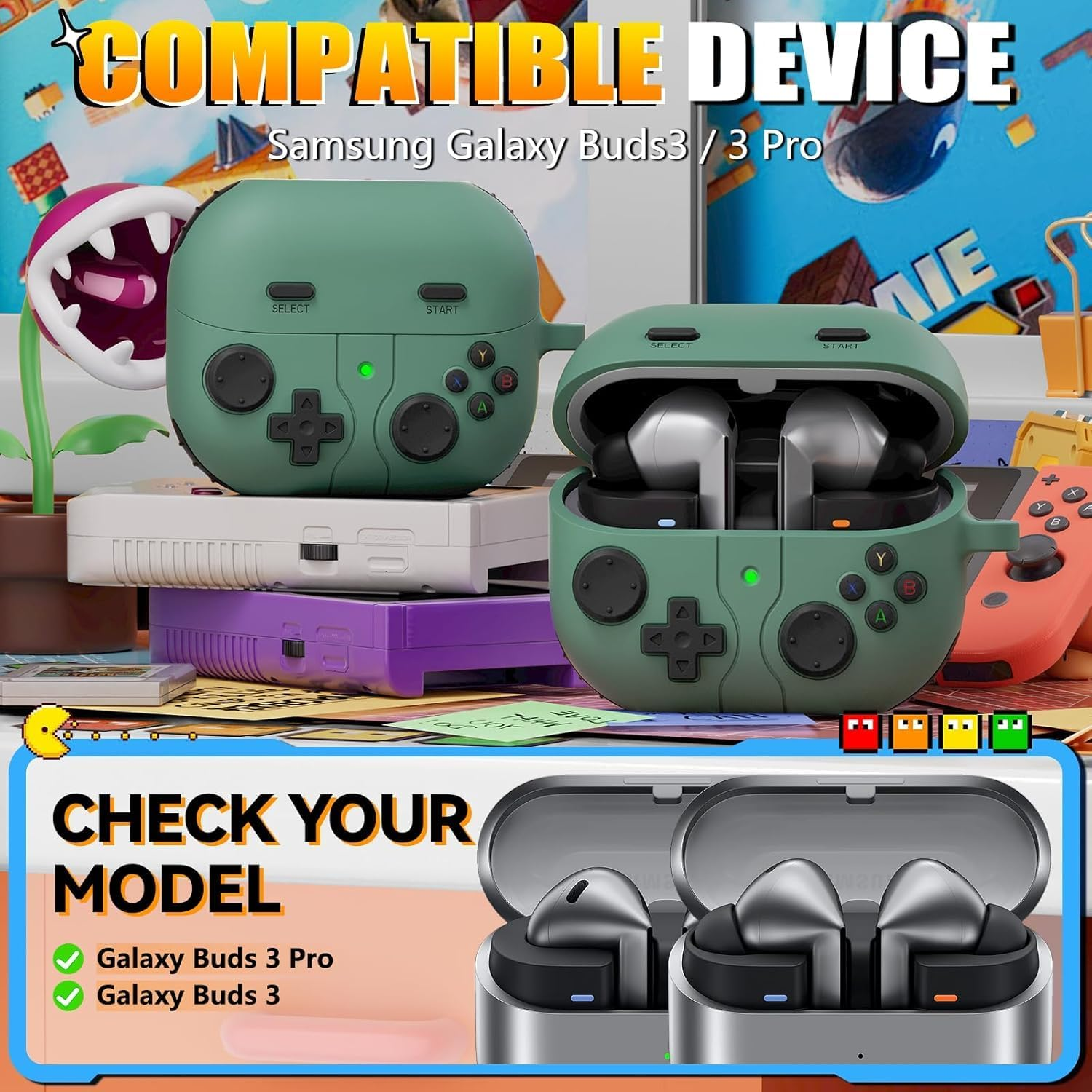 Game Case Compatible with Samsung Galaxy Buds 3 Case & Galaxy Buds 3 Pro Case,With 3D Decompression Button,Soft Silicone Classic Game Player Design Case Cover Green image number 6