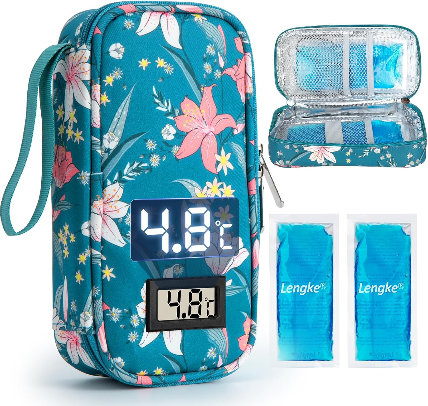 SUNMON High-Capacity Insulin Cooler Travel Case with Temperature Display, 8-10H Insulated Diabetic Medication Cooler Bag with 2 Ice Packs, Waterproof Injection Travel Case for 4-5 Pens (Lily)