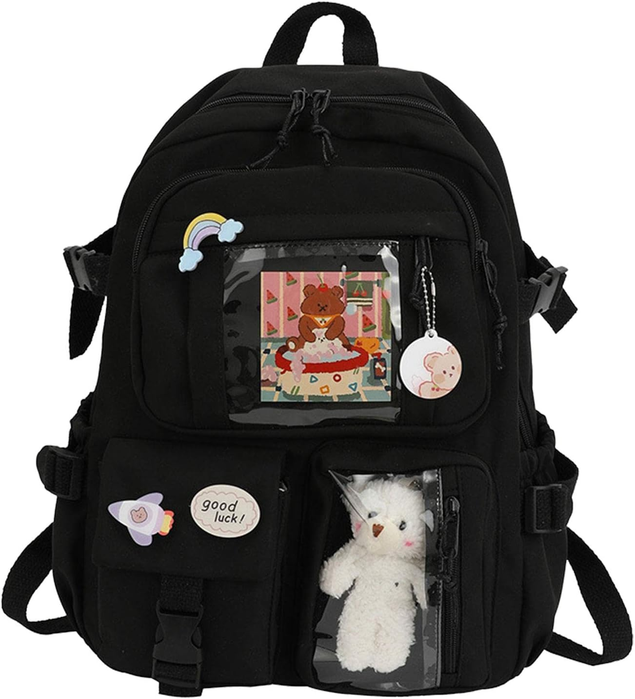 Backpack with Cute Pin & Plush Bear Accessories, Cute School Backpack Pastel Aesthetic Backpack for Girls