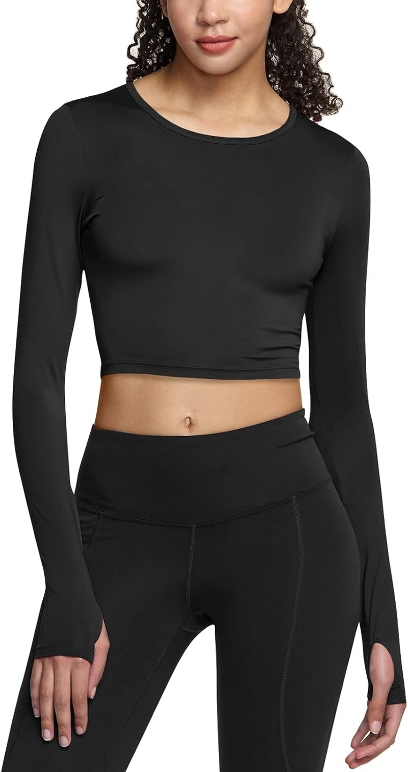 ATHLIO Women'S Sports Compression Shirt, Cool Dry Fit Long Sleeve Workout Tops, Crop 2Pack Bfd20-Blk_Large