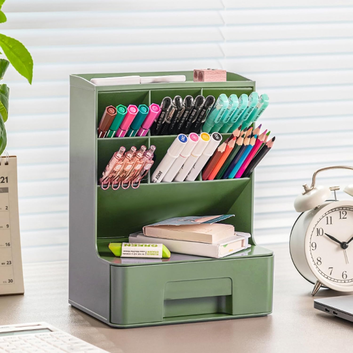 Enliansgo Desk Organizer Office Desktop Organizer with Drawer, Multi-Functional Pencil Organizer, Desk Organizers and Accessories for Office Art Supplies, Desktop Stationary Organizer Caddy (White)