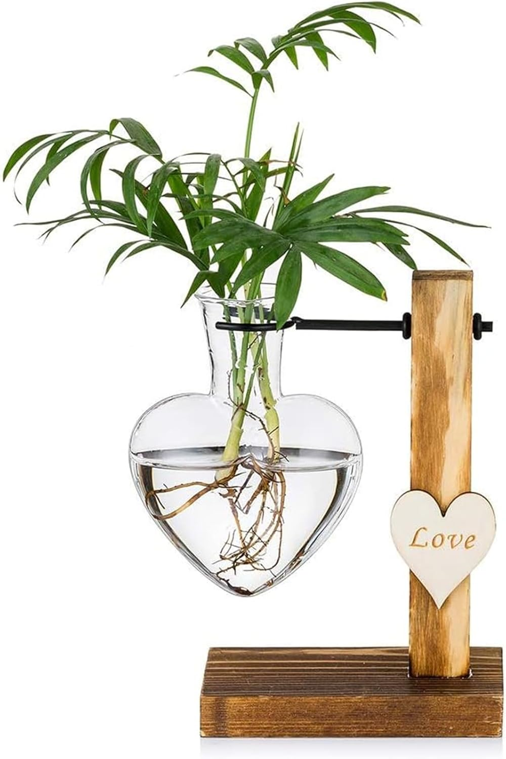 Glass Plant Terrarium with Wooden Stand,Creative Double Heart Glass Hydroponic Vases for Desktop Planter Bud Hydroponic Plant Home Garden Office Decoration (B)