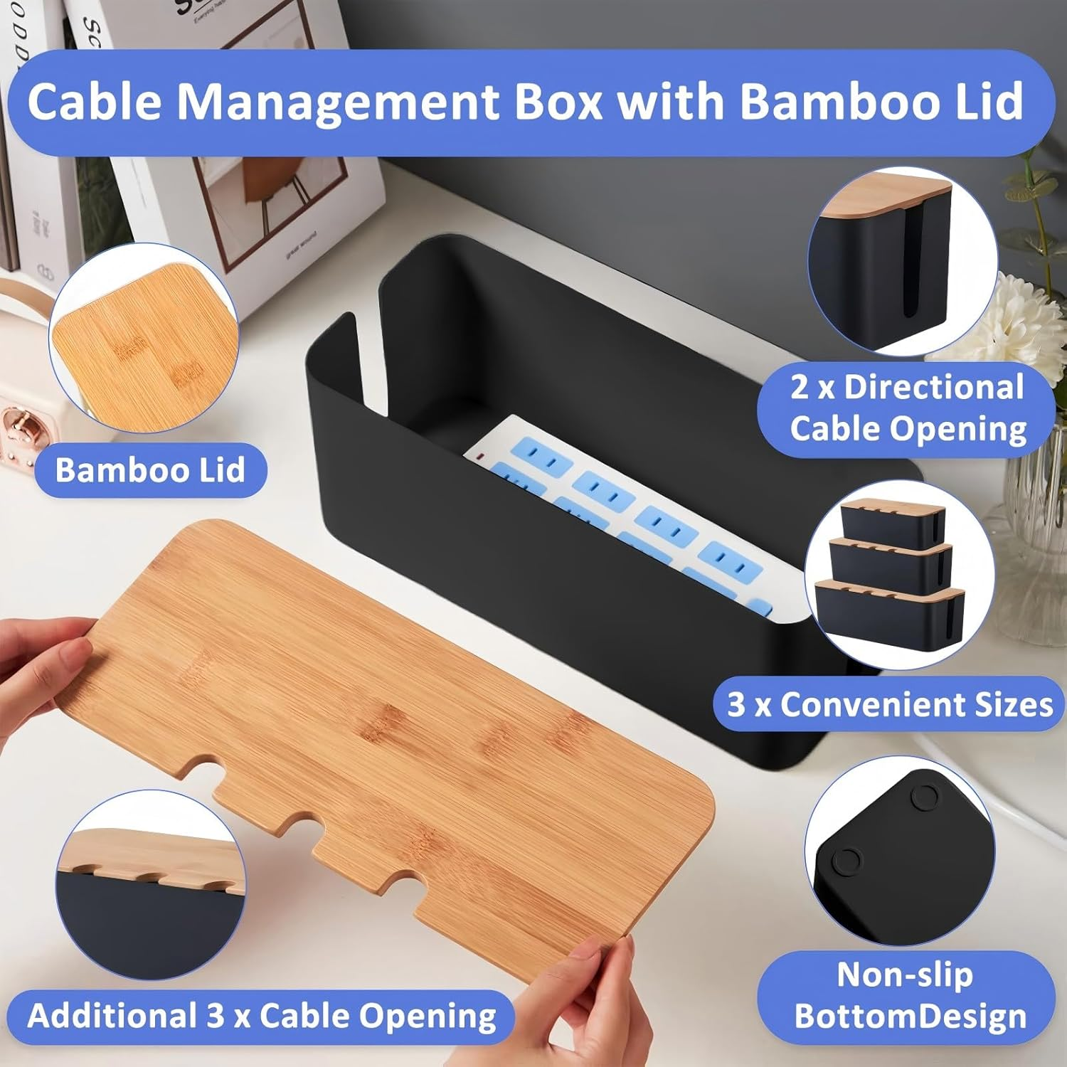 3 PCS Cable Management Box with Bamboo Lid, for TV, Computer, Router, USB Hub and under Desk Power Strip, Safe ABS Material and Baby-Pets Proof Lock, with 10 Cable Ties & 16 Multi-Hole Hubs (Black) image number 1