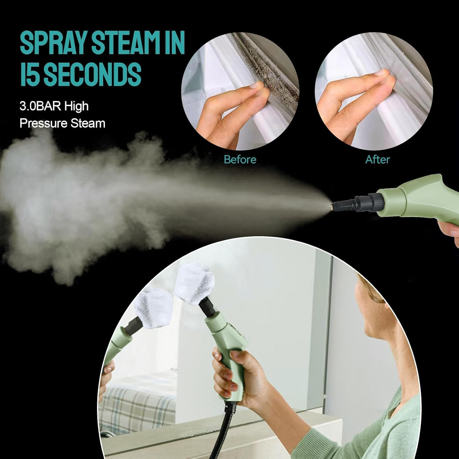 2500W High Pressure Steam Cleaner,Household Handheld Steam Cleaner Machine, Electric Steam Cleaner for Kitchen,Automotive Furniture and Floor Cleaning (Green) (Green) - Green image number 2