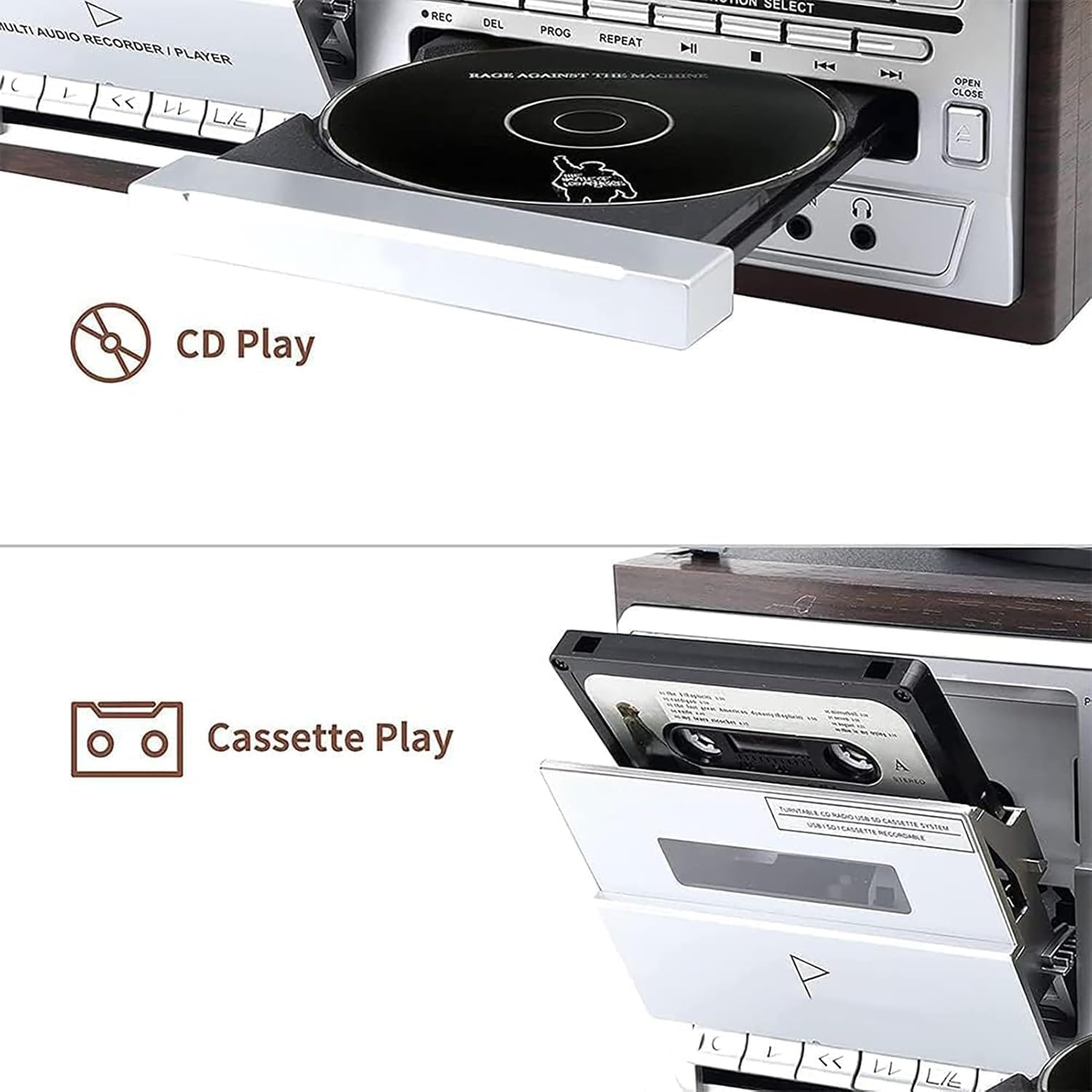 Vinyl Record Player, Cassette Tape Player with 3 Speed Bluetooth Vintage Turntable, Less Noise, Frosted Dust Cover, Built in Speakers, FM Radio, USB, CD Player Boombox, Music Centre image number 4