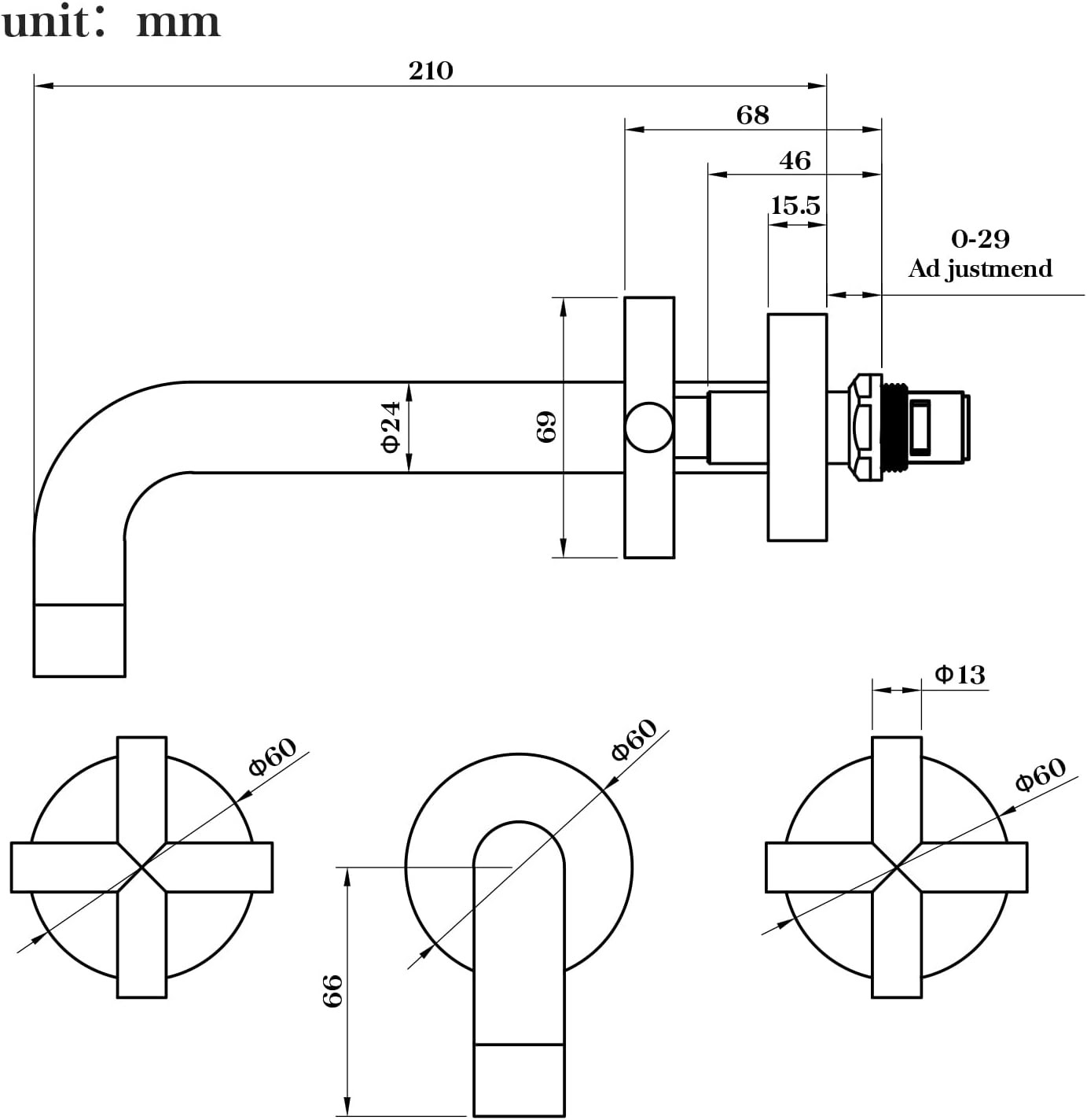 Decaura Bathroom Wall Sink Tap Set Cross Handles Basin Bath Spout Vanity Spa Bathtub Water Outlet with 1/4 Turn Twin Tap Set Brass (Matt Black) - Matt Black image number 2