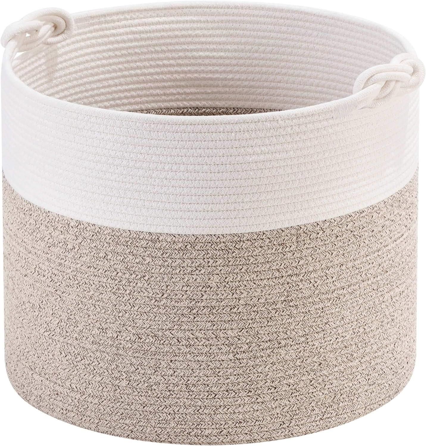 MINTWOOD Design 15 X 14.2 Inches Woven Cotton Rope Storage Basket, Stuffed Toy Basket Bin, Laundry Basket Hamper, Nursery Basket, Dog Toy Basket, Blanket Basket, Gift Basket, Light Brown - Creamy White image number 7