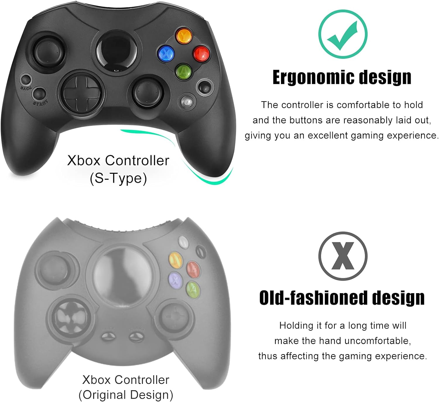 Yioone Controller Replacement for Xbox Controller S-Type/Original Xbox Controller,Classic Controller Compatible with Original Xbox Console(Black) - Black,Blue image number 2