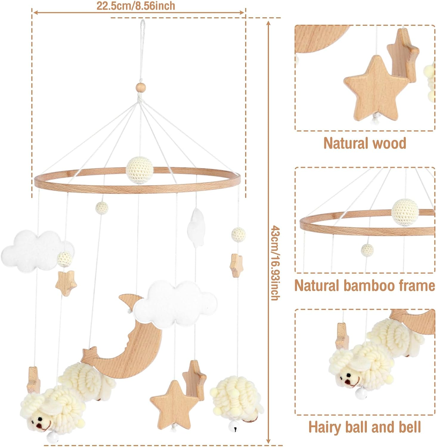 Baby Crib Mobile,0 to 3 Years Old Baby Wooden Baby Nursery Mobile Star Moon Sheep Baby Bed Bell Cute Bedroom Hanging Ornament Baby Crib Nursery Decoration for Boys Girls (B) image number 3