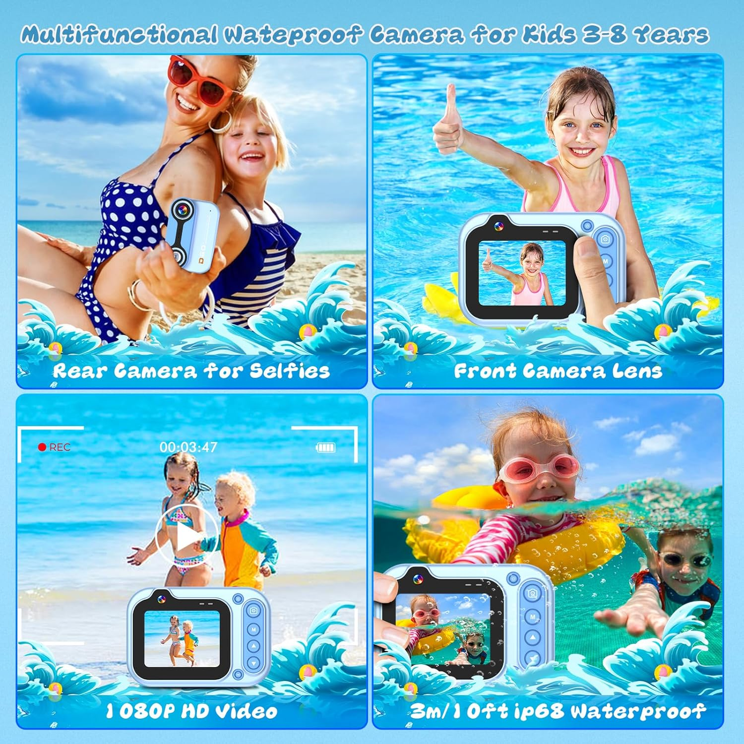 Kids Waterproof Camera - Underwater Camera Birthday Gifts for Girls Boys Children Digital Action Camera with 32GB SD Card, Pool Toys for Kids Age 4 5 6 7 8 9 10 - Blue