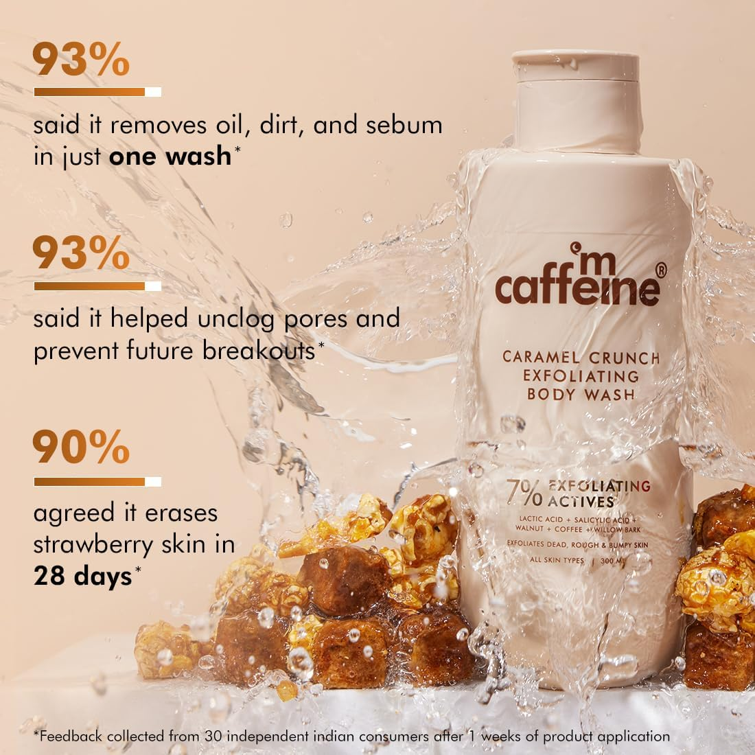 Mcaffeine 7% Exfoliating Body Wash with 1% Salicylic 2% Lactic Acid | Reduces Body Acne, Strawberry Skin, Ingrown Hair & Smoothes | Sweet Caramel Shower Gel for Women & Men- All Skin Types (300Ml) image number 2