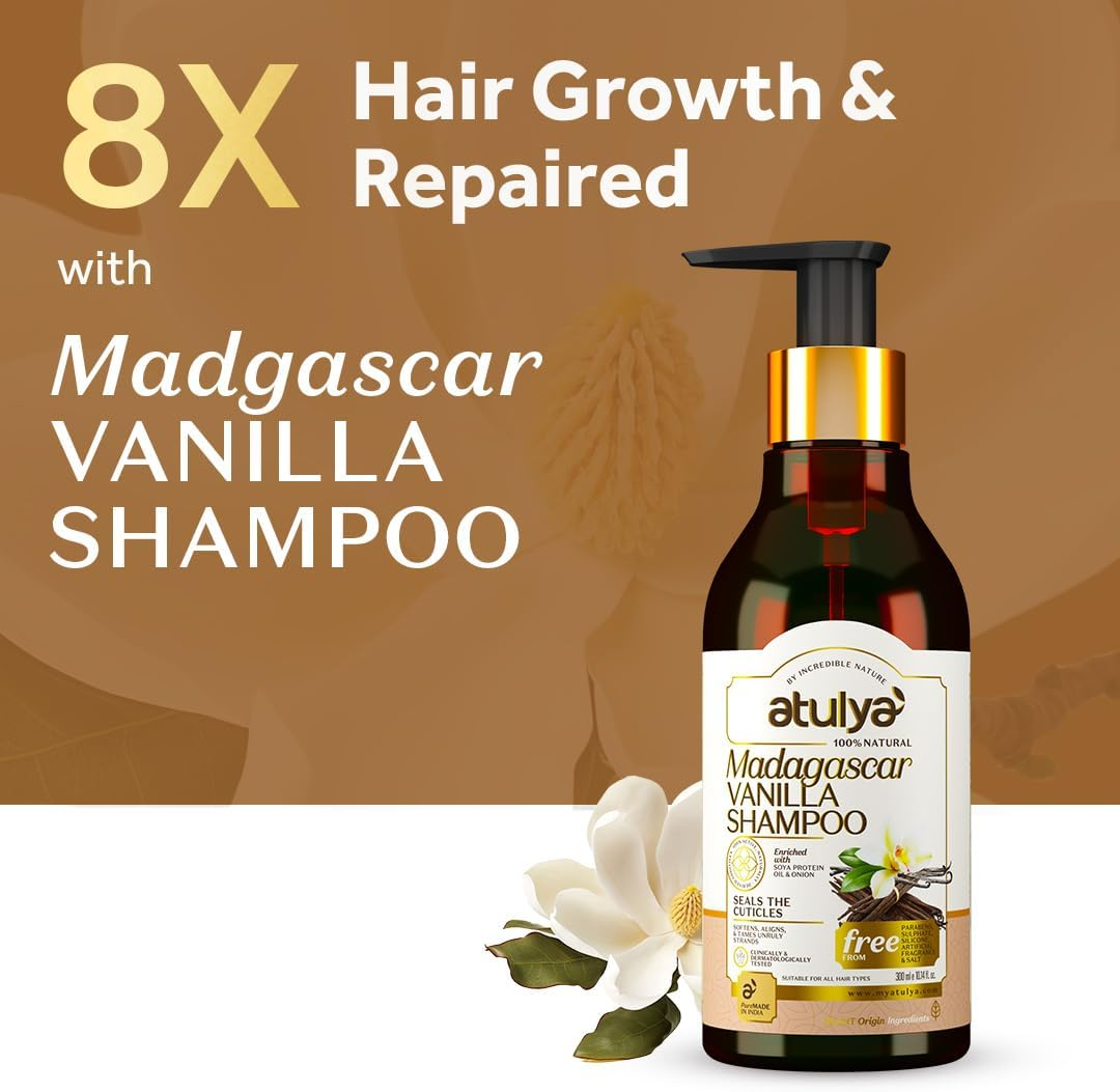 Atulya Madagascar Vanilla Shampoo Enriched with Soya Protein Oil and Onion - Paraben-Free, Silicone-Free, Sulphate-Free and Mineral Oil-Free (300 Ml)