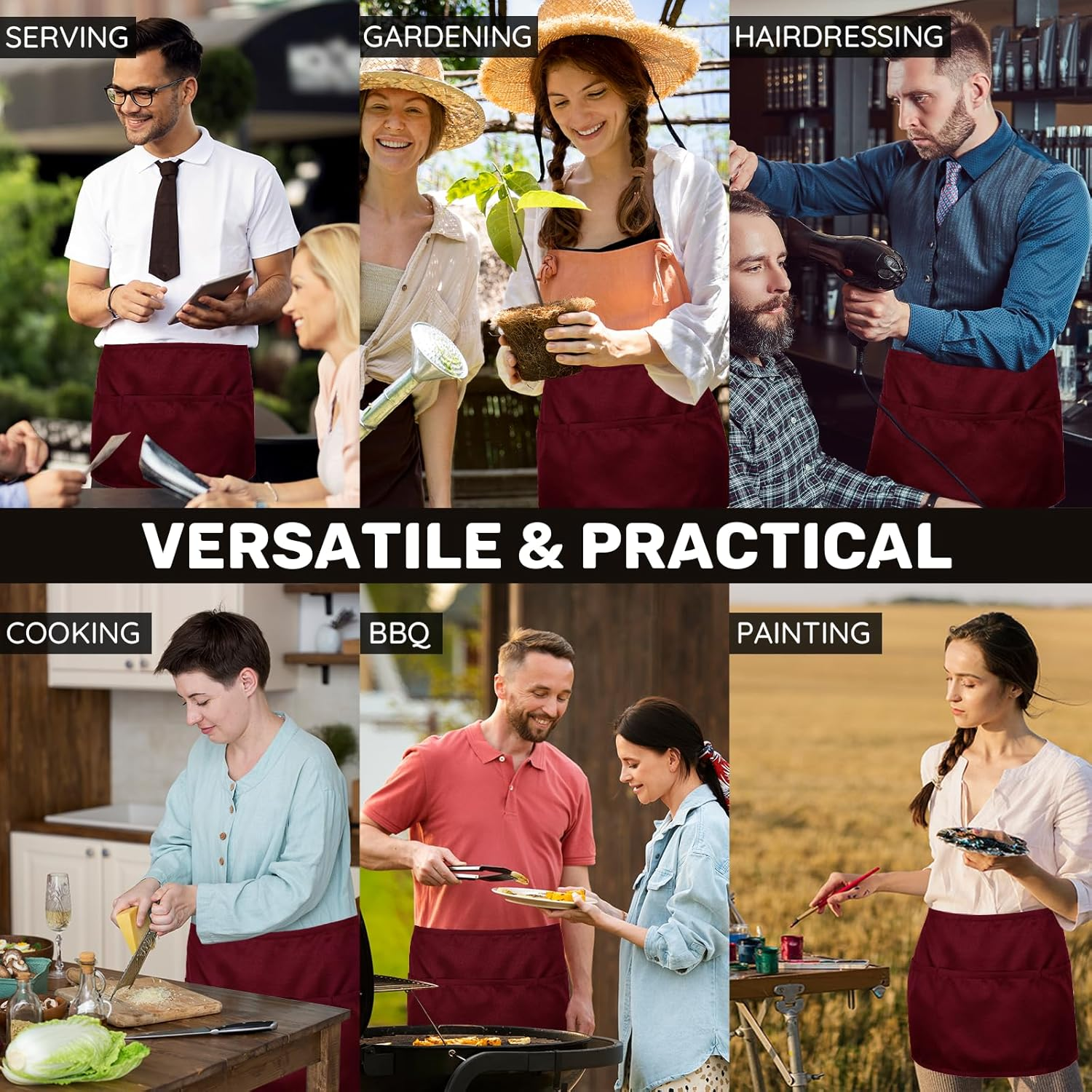 Funchaos 6 Pieces Waist Apron, Waiter'S Apron with 3 Pockets, Waterproof Half Apron for Men and Women, Cooking Apron for Cooking, Cleaning, Painting, Gardening, Bistro, Restaurant image number 5