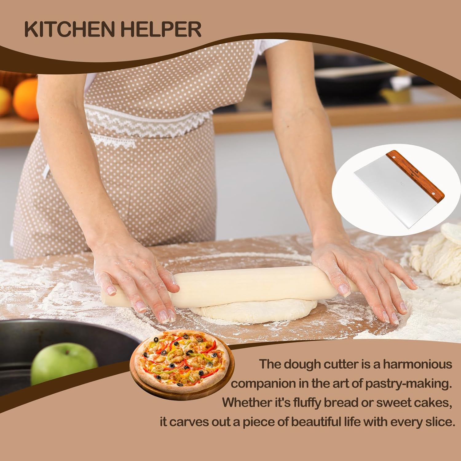 Midgreyeye Premium Bench Scraper Dough Cutter Large with Wooden Handle Dough Scraper Dough Card Dough Spatula Scraper Kitchen for Cake, Cake, Pizza, Cake, Dough, Baking Utensils (20 X 13 Cm) image number 4