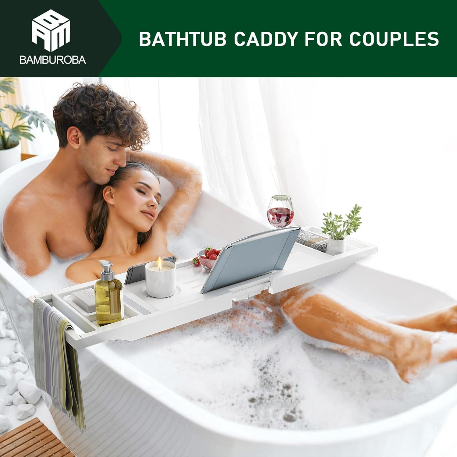 Foldable Bamboo Bathtub Caddy Tray Expandable for Luxury Bath, Bath Accessories & Table with Wine Glass Holder, Book Stand Bathroom Organizer with Extending Sides for Men/Women,White - Natural image number 3