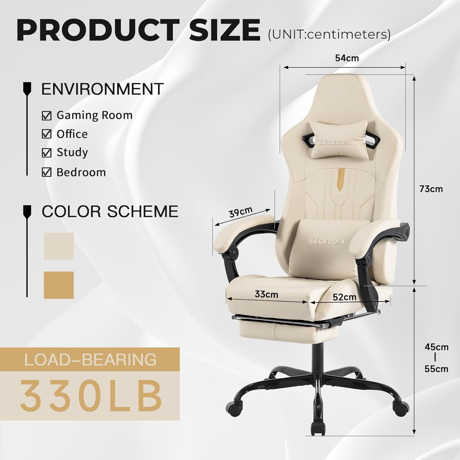SEGEDOM Beige White Gaming Chair | with Footrest, Ergonomic, Massage Lumbar Cushion, Adjustable, Recliner | PVC Leather(Beige) image number 2
