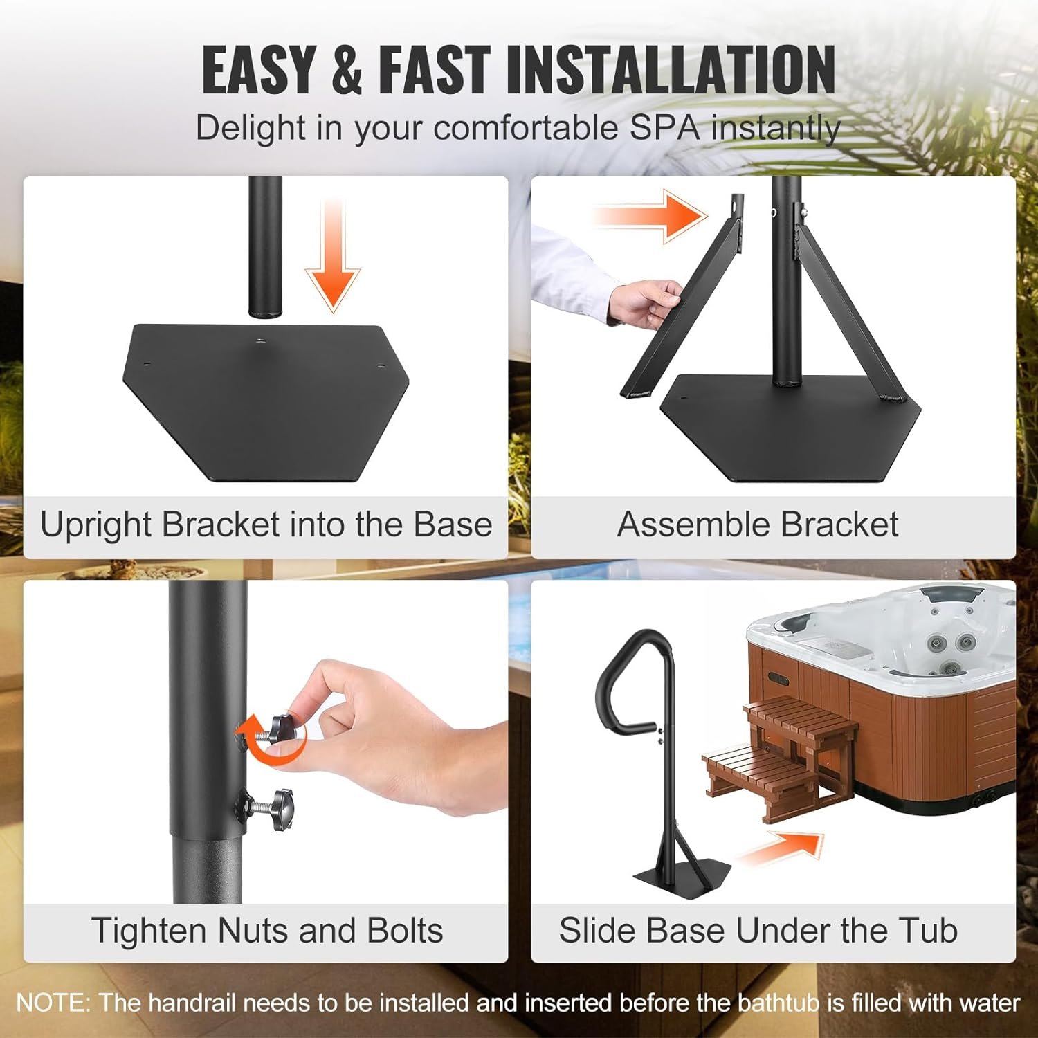 VEVOR Hot Tub Handrail, 360 Rotatable Spa Side Handrail with 35"-57" Adjustable Height, Rust-Proof Aluminum Spa Step Hot Tub Hand Rail with Slide-Under Mount Base for Indoor & Outdoor, 600LBS Capacity image number 1
