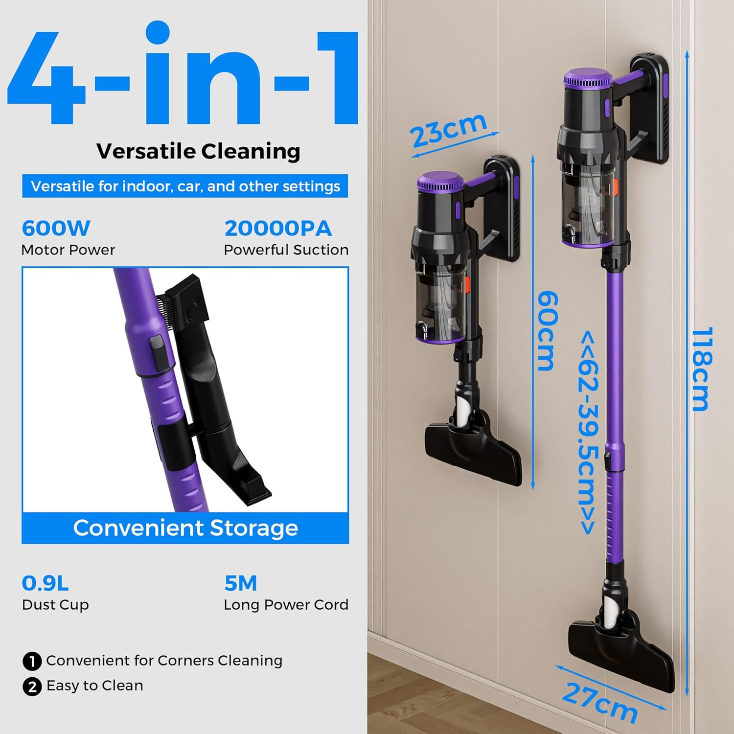 ADVWIN Powerful Corded Vacuum Cleaner &ndash; 20Kpa Suction, 4-In-1 Lightweight Stick Vacuum with Wall Mount, Extendable Upright Vacuums, 0.9L Dust Cup, 5M Cord, for Hard Floors, Corners & Pet Hair