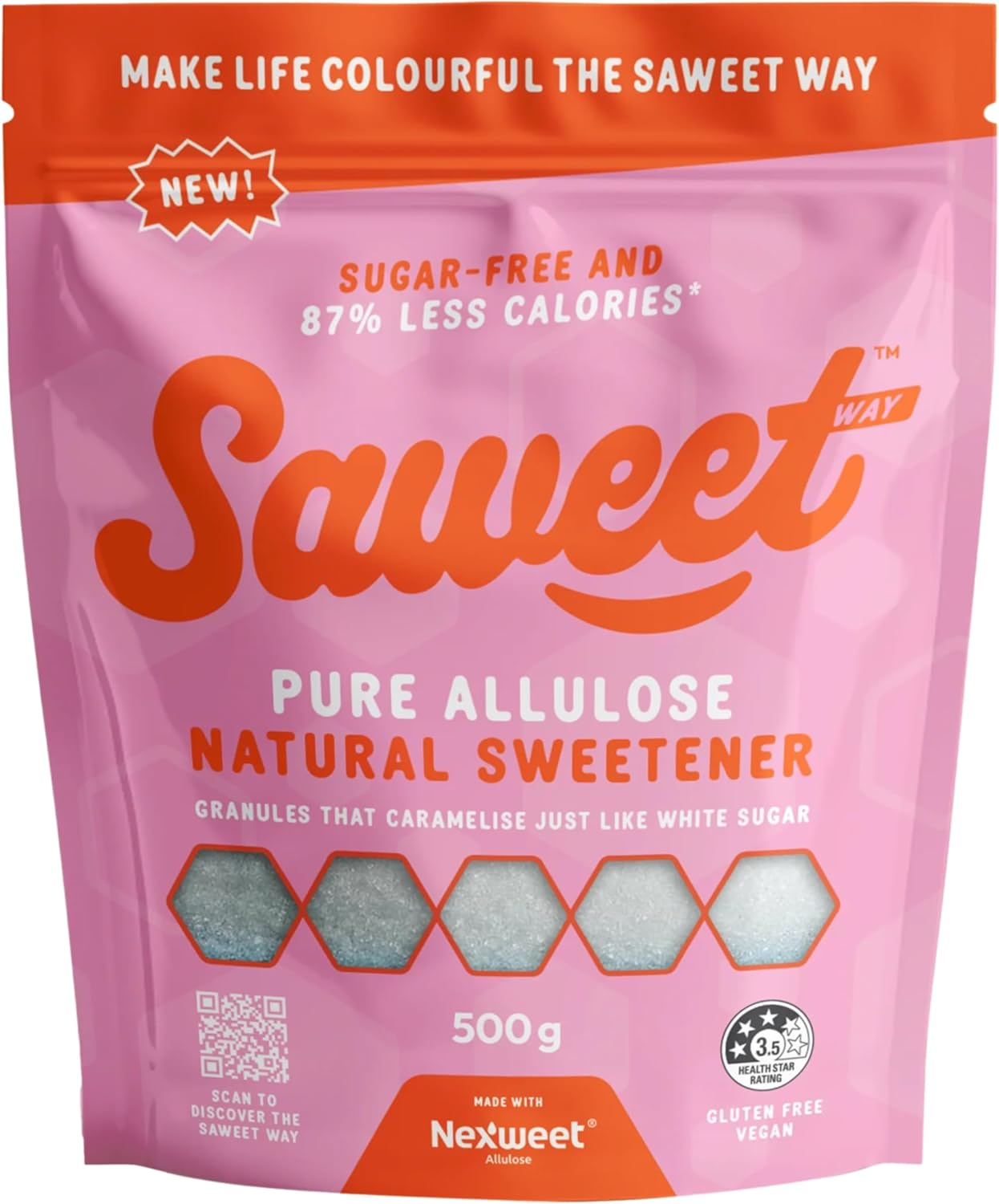 Saweetway Pure Allulose Sweetener | 1 X 500G Pack | Low Calorie Sugar Substitute | Keto & Diabetic Friendly | Vegan, Gluten Free, No Aftertaste | 87% Less Calories