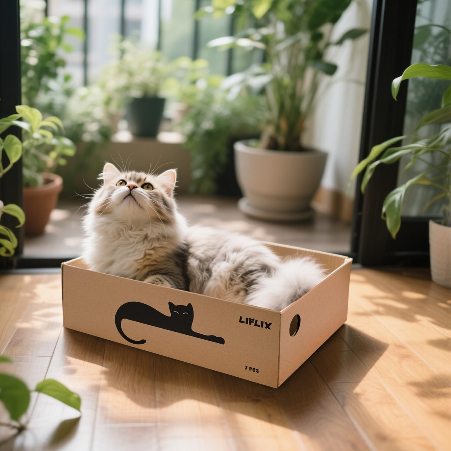 LIFLIX 7PCS Reversible Cat Scratch Pads with Box, Cat Scratch Boxes for Indoor Cats，42 X 32 X 15 CM Extra Large Cardboard Scratcher with Catnips image number 4