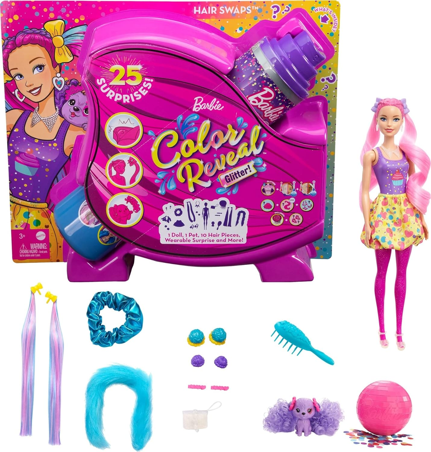 Barbie Color Reveal Glitter! Hair Swaps Doll, Glittery Pink with 25 Hairstyling & Party-Themed Surprises Including 10 Plug-In Hair Pieces, for Kids 3 Years Old & Up image number 6