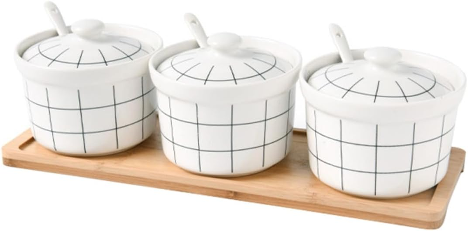 Happyyami Ceramic Salt Jar Spice Storage Jars Condiment Box Set with 3 Spoons Bamboo Lid Kitchen Seasoning Canisters for Home Cooking and Dining image number 5