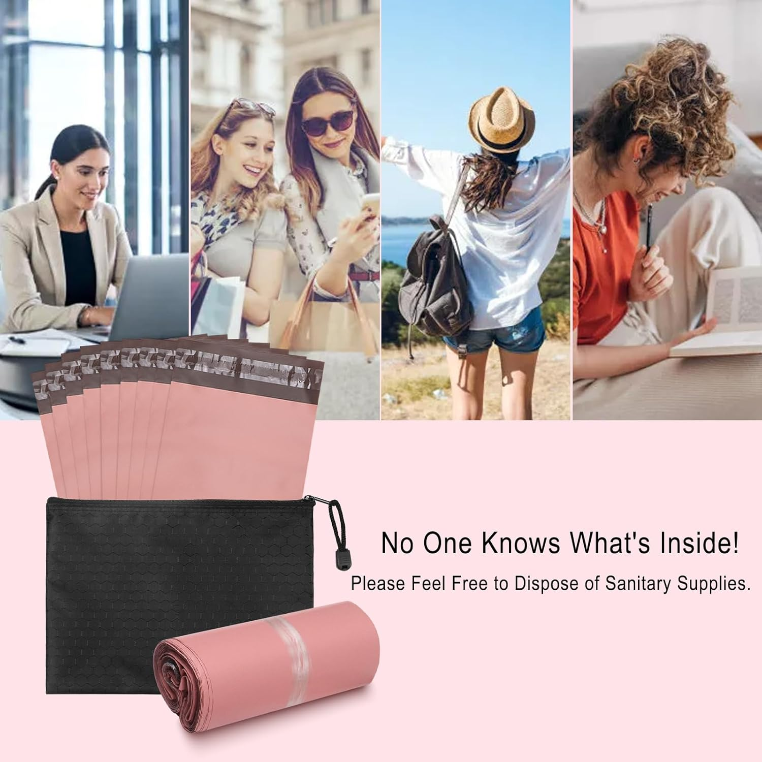 Women Sanitary Disposal Bags Pack of 100, Pink Opaque Feminine Pads Disposal Bags 6X10.6 Inch Period Trash Bags with Storage Bag image number 3