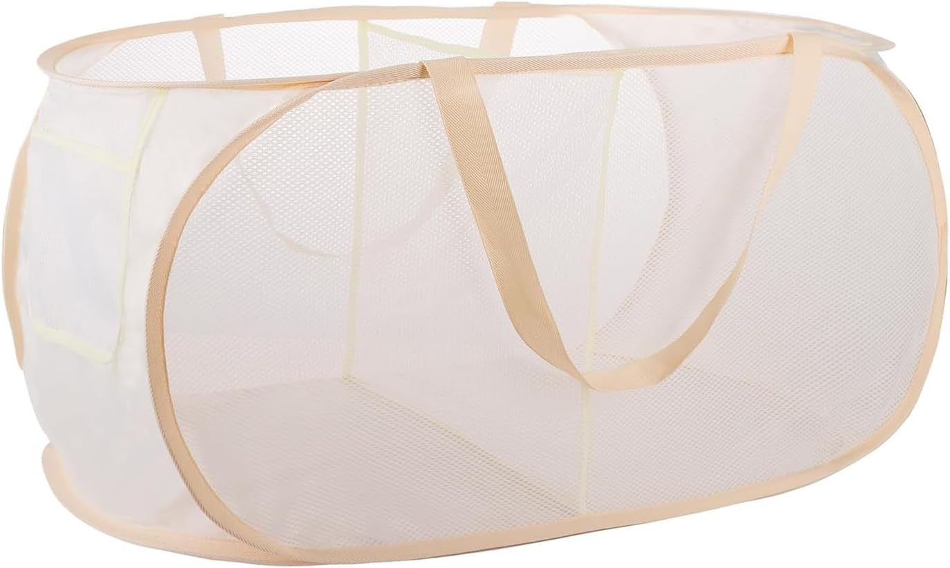 Yharnamite Collapsible Laundry Baskets, Pop up Laundry Hamper, Collapsible Mesh Dirty Clothes Hamper, Clothes Storage Basket with 2 Compartments and Side Pockets for Store Clothes Sundries(Beige-A)