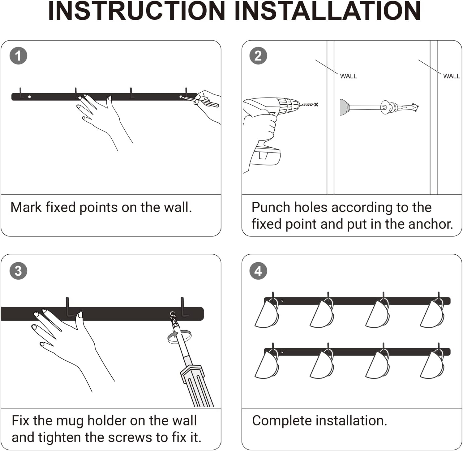 Dahey Metal Coffee Mug Rack Wall Mounted with 12 Hooks, Set of 3, Mug Display Rack Cup Holder Storage for Kitchen Dining Room Coffee Bar, Black image number 2