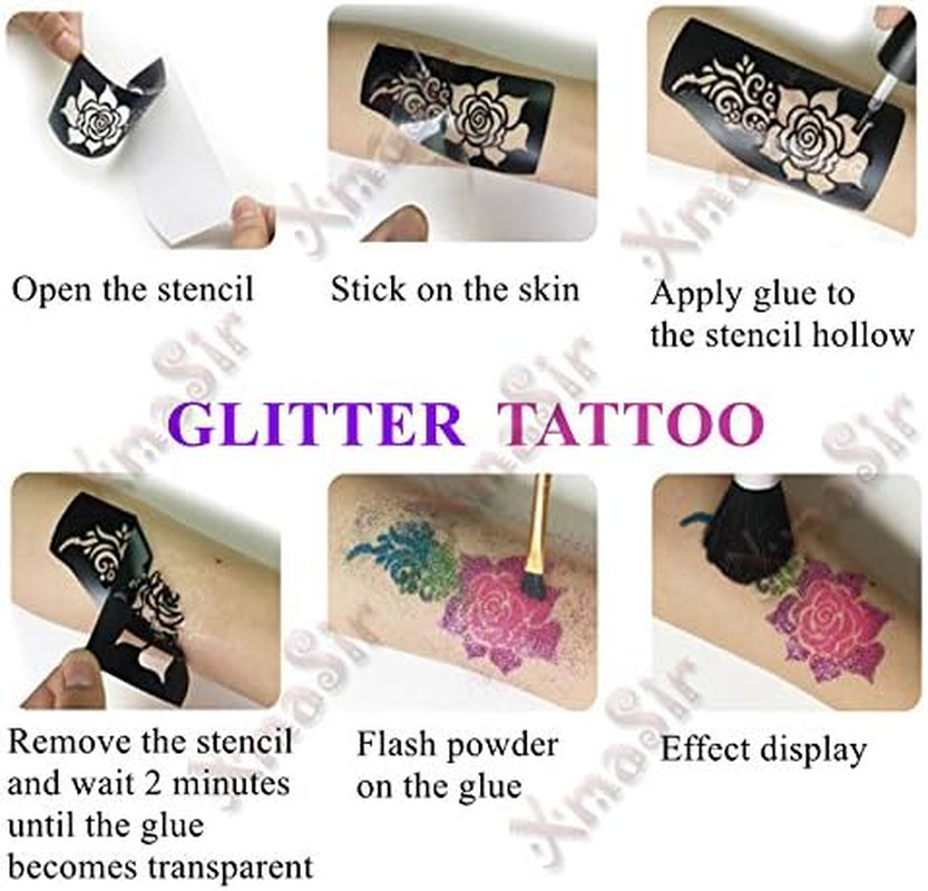 Xmasir 6 Sheet Xmas Glitter Tattoo Stencils for Kids Christmas Party Decoration Chlidren Drawing Templates Christmas Temporary Tattoo 7.08'' X 3.35'' image number 2