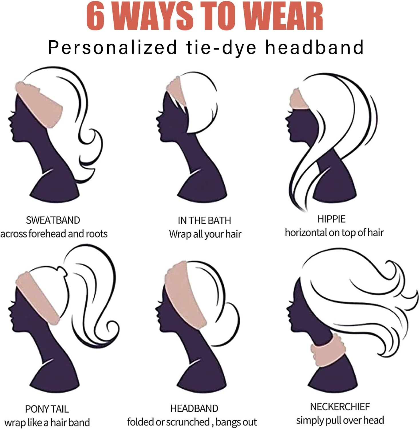 HTTDSLF Pack of 6 Hair Bands, 9 Cm Tie Dyeing Wide Hair Bands for Women and Girls, Elastic Hair Bands, Trendy Women'S Headbands, Soft Headbands, Headband Hair Band image number 1