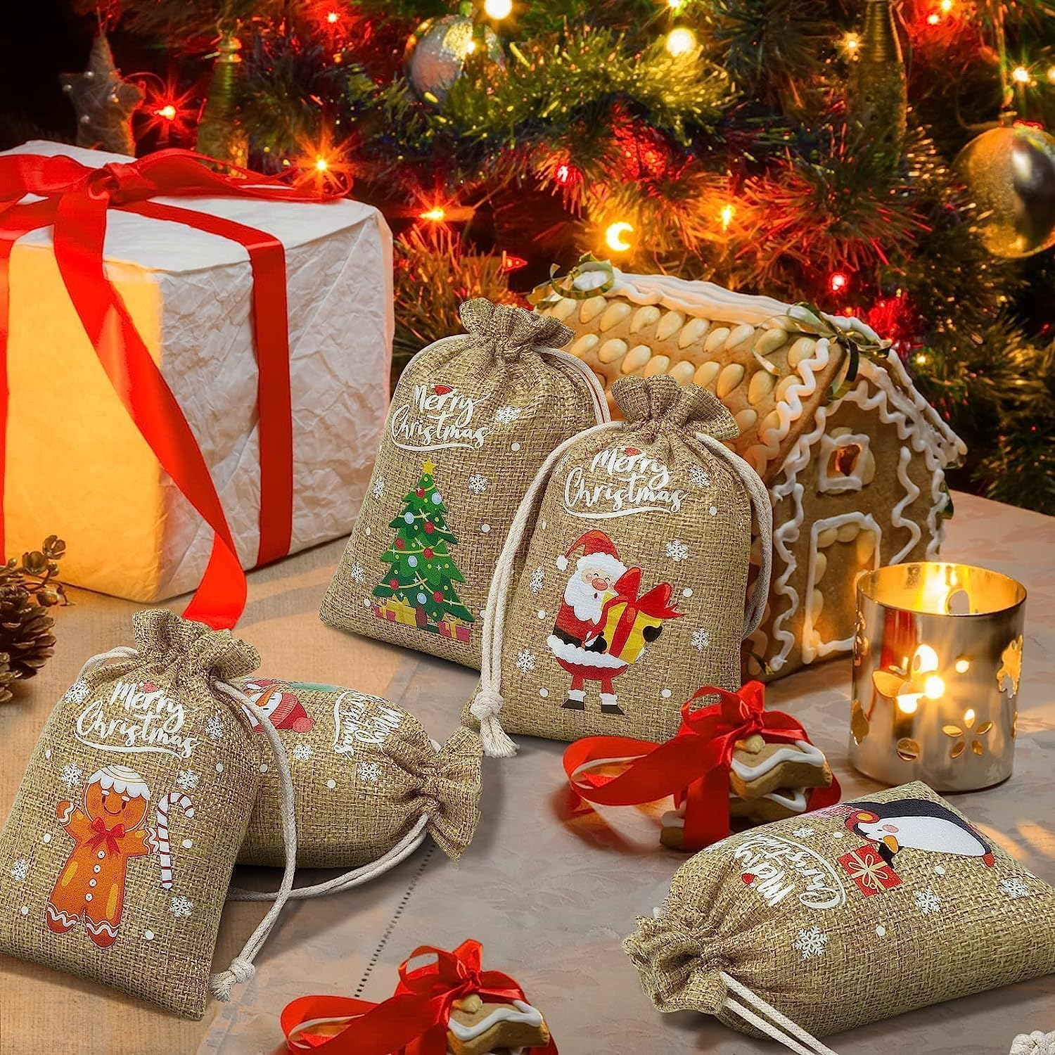 24 Pcs Christmas Linen Bags, with Drawstrings Christmas Burlap Gift Bags, Jute Xmas Candy Bags Linen Treat Sacks Reusable Gift Wrapping Bags Xmas Holiday Party Favors Bags image number 1