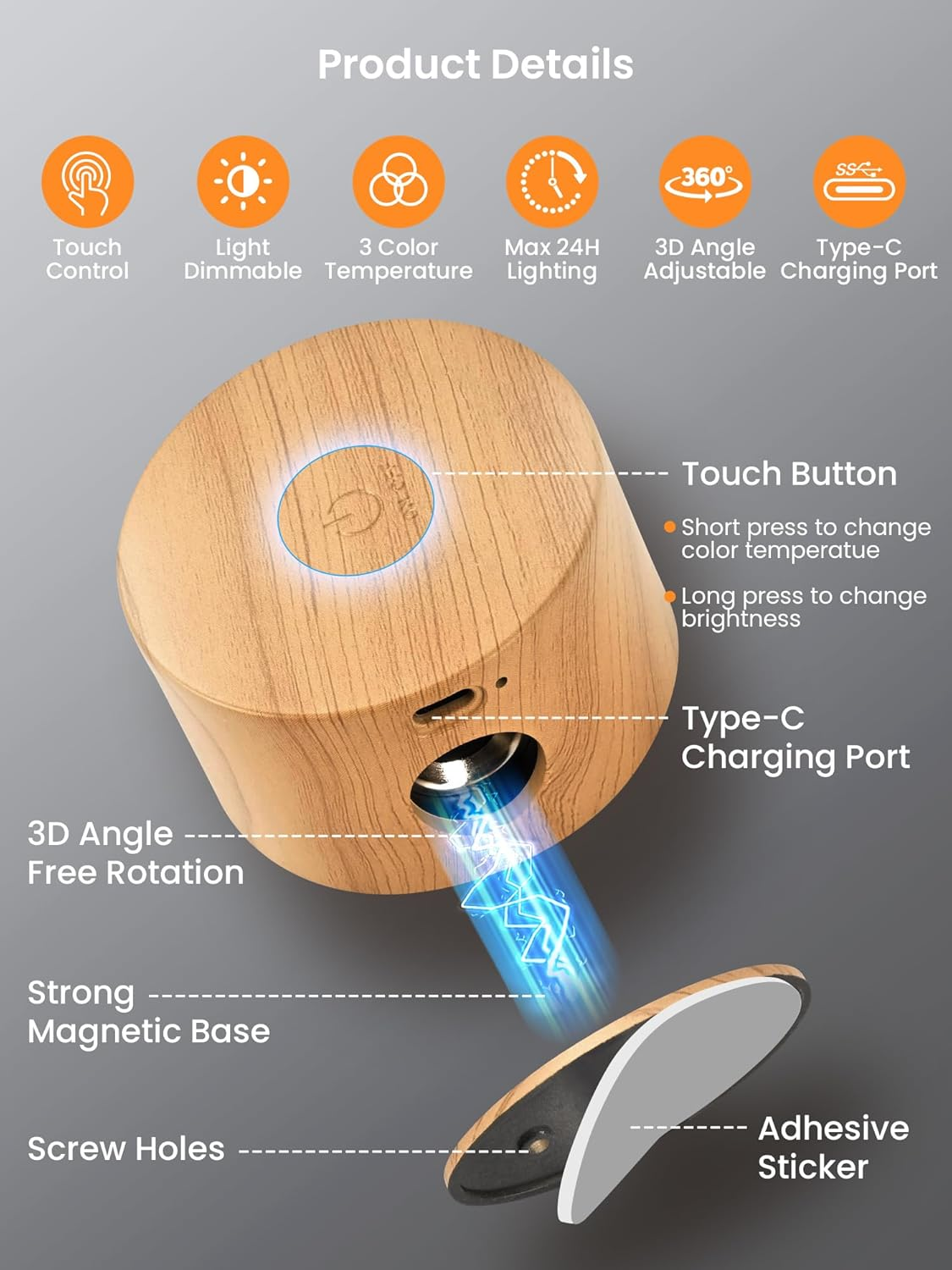 LED Wall Lights Battery Powered Wall Light Rechargeable Lamp, Picture Lights 3 Color Temperatures and Dimmable, 360&deg; Rotation Magnetic Cordless for Bedroom - 2 Pack - Mood image number 3