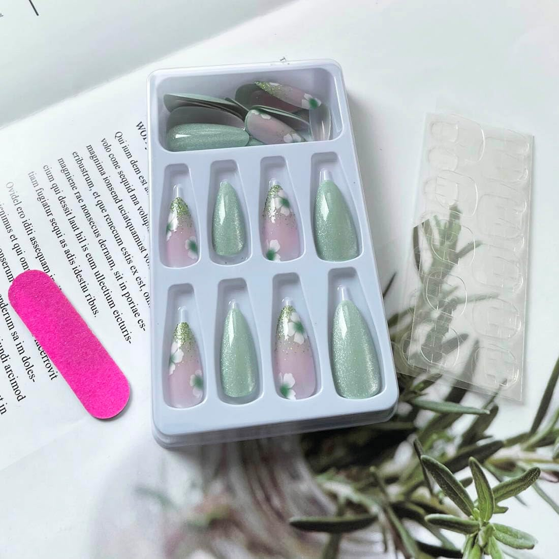 Resweky Long Almond False Nails Pink Green Flower False French Nails Shiny Print Acrylic Nail Cover for Women Girls image number 3