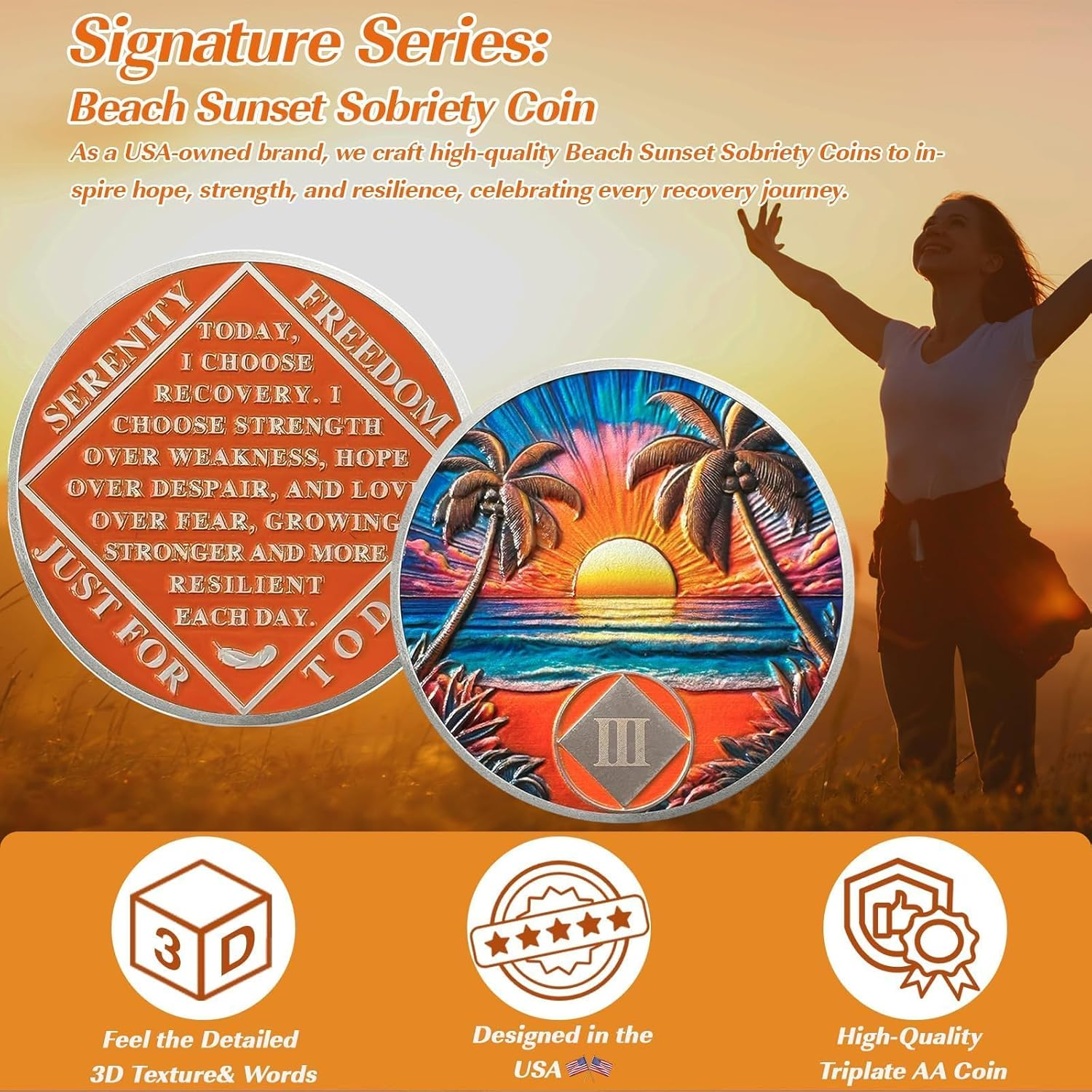 Beach Sunset 3 Year Sobriety Coin- Affirmation Sober Chip and AA Medallion, Alcoholics Anonymous Sobriety Gifts, Addiction Recovery Coin for Men and Women image number 3