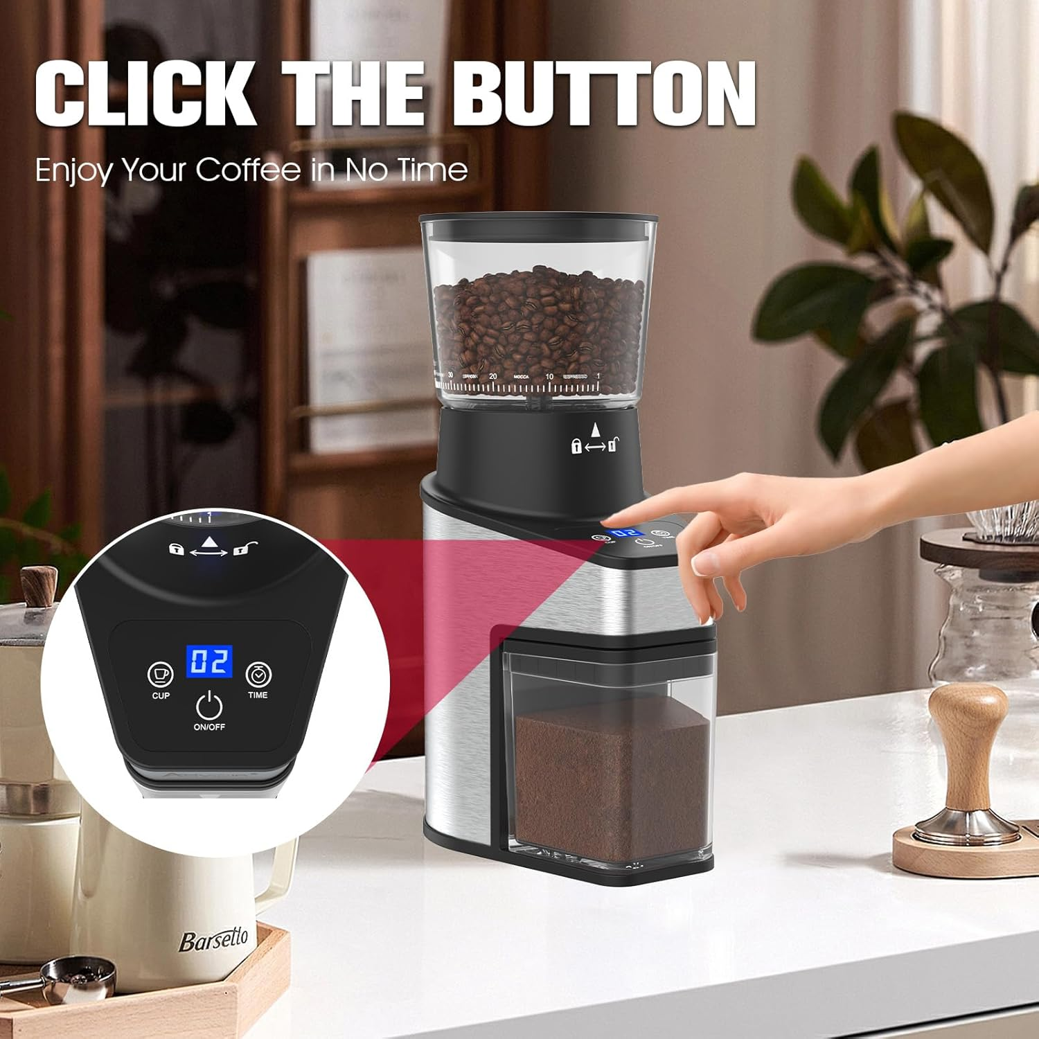 Cobuy Burr Coffee Grinder Electric W/Adjustable Settings for Precision Coffee Bean Grinding (18 Cup) Automatic Burr Mill (150W) Stainless Steel Coffee Maker image number 4