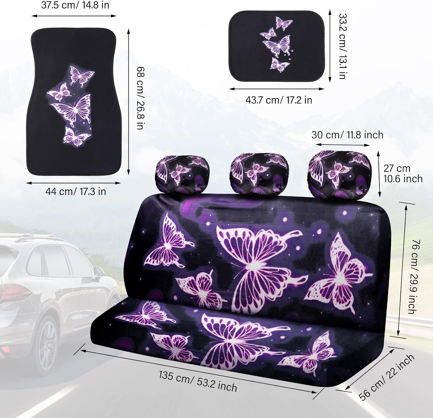 Frienda 24 PCS Butterfly Car Accessories Car Seat Covers Full Set Floor Mats Steering Wheel Cover Seat Belt Pads Center Console Pad Cup Holders for Women(Purple Butterfly Pattern) - Blue Butterfly Pattern image number 4