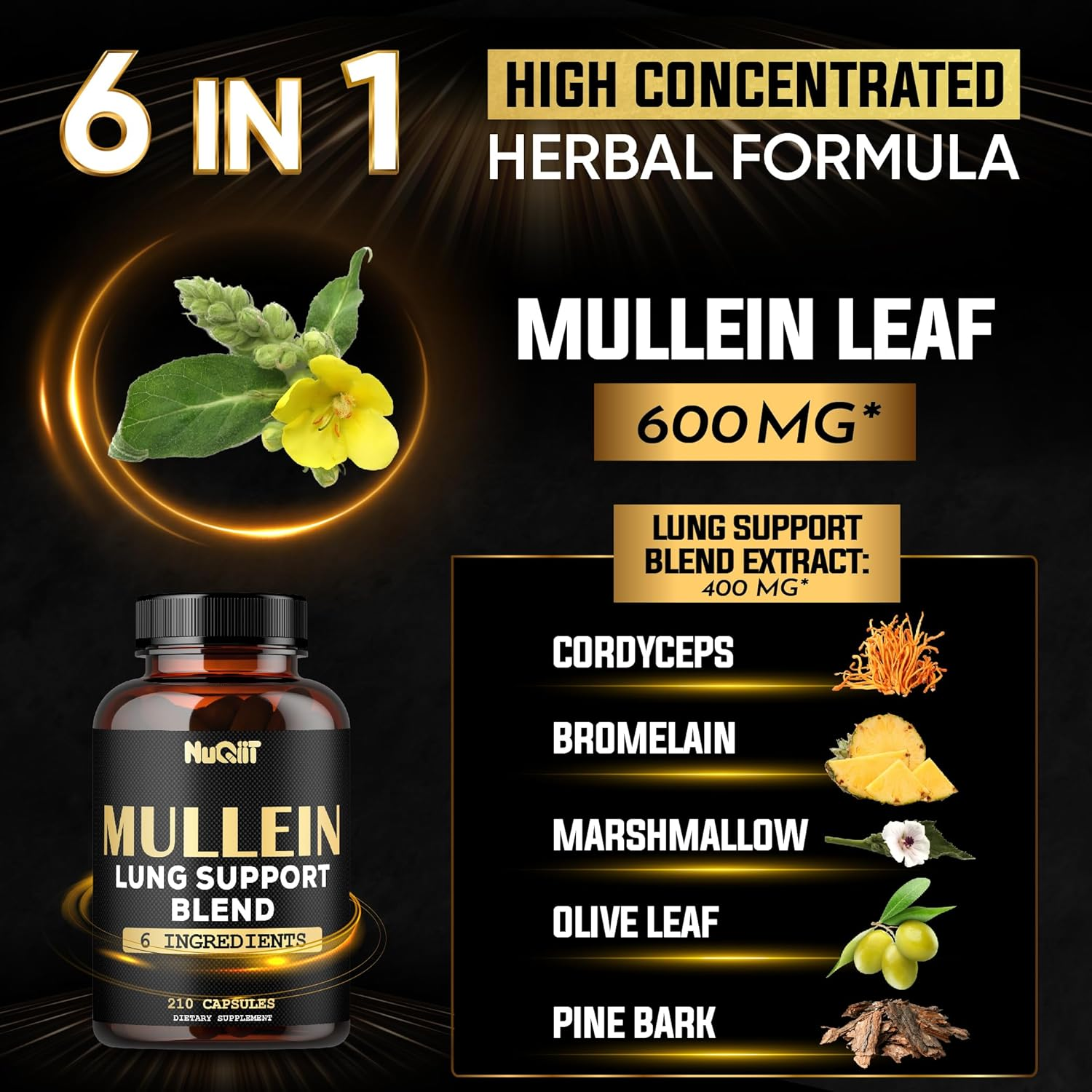 Mullein Leaf Capsules with Herbal Complex as Cordyceps Sinensis, Marshmallow, and More - Respiratory Health, Immune System & Body Balance Support - 105 Servings image number 2