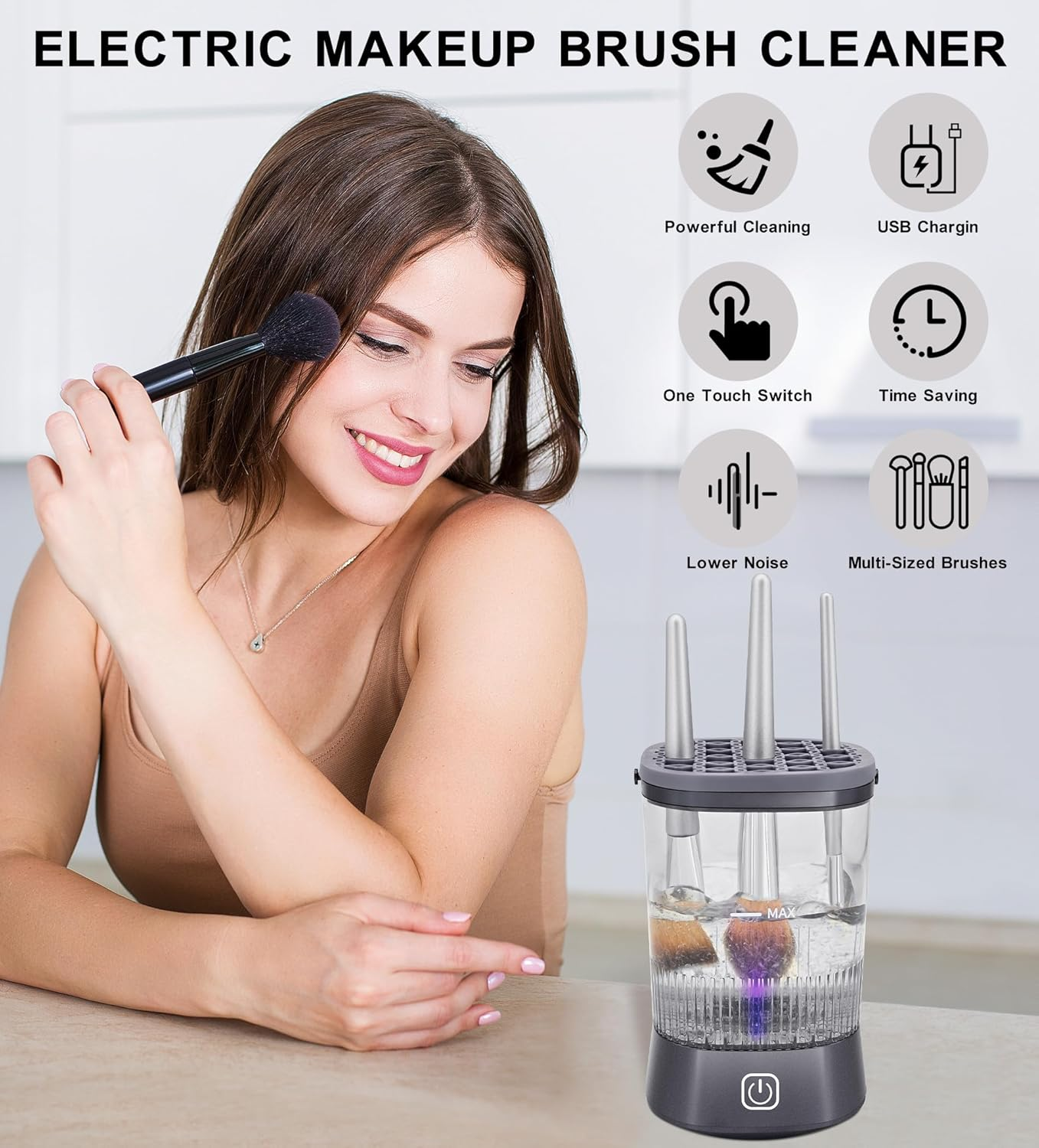 YOKONICO Makeup Brush Cleaner - 9000 RPM Electric Brush Cleaning Machine with 1200 Mah Rechargeable, IP65 Waterproof Automatic Makeup Brush Cleaner for Makeup Sponges and Brushes (Gunmetal Grey) image number 2