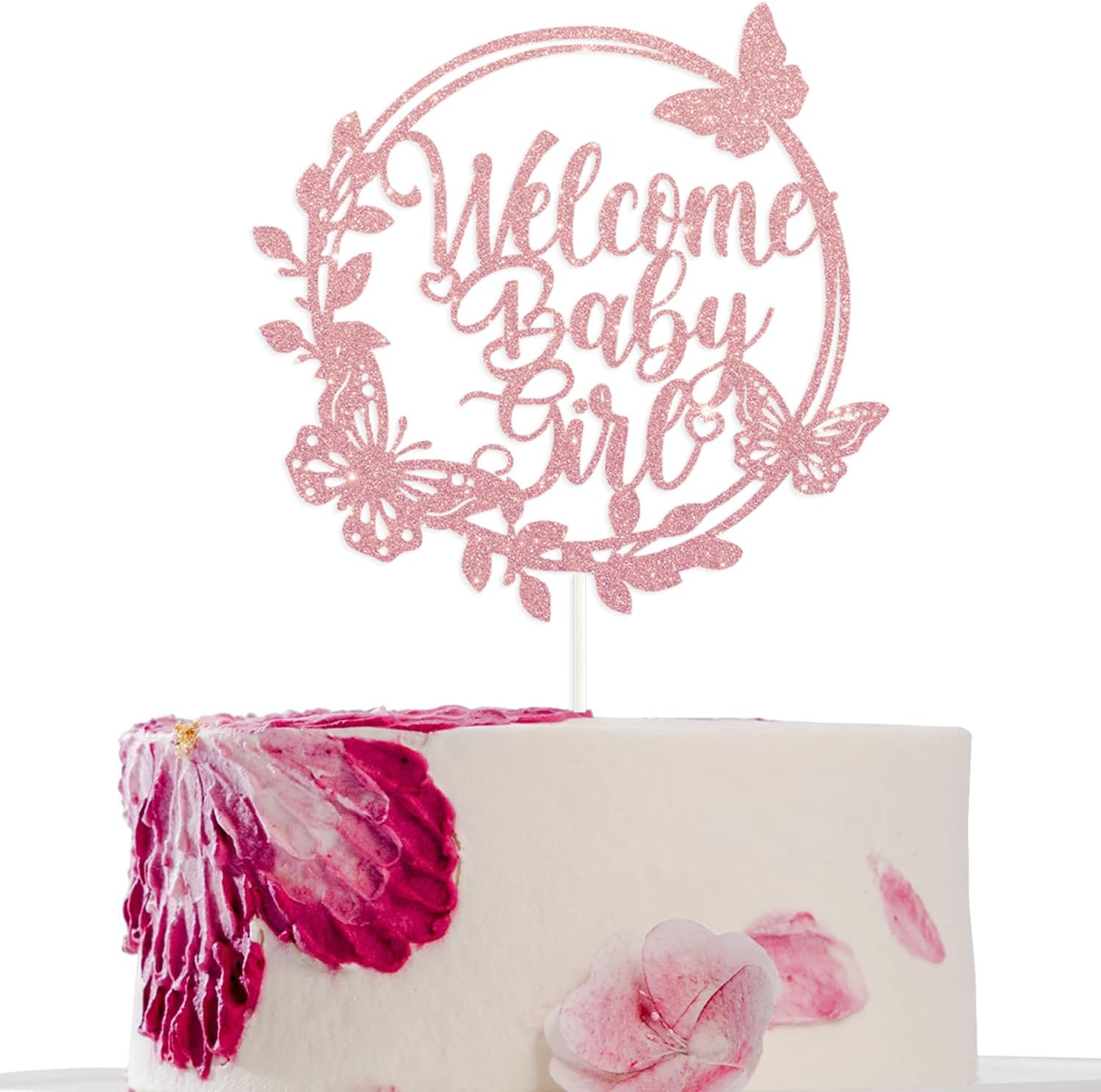 Welcome Baby Girl Cake Topper - Rose Gold Glitter Shower Decorations for Cake Decor image number 4