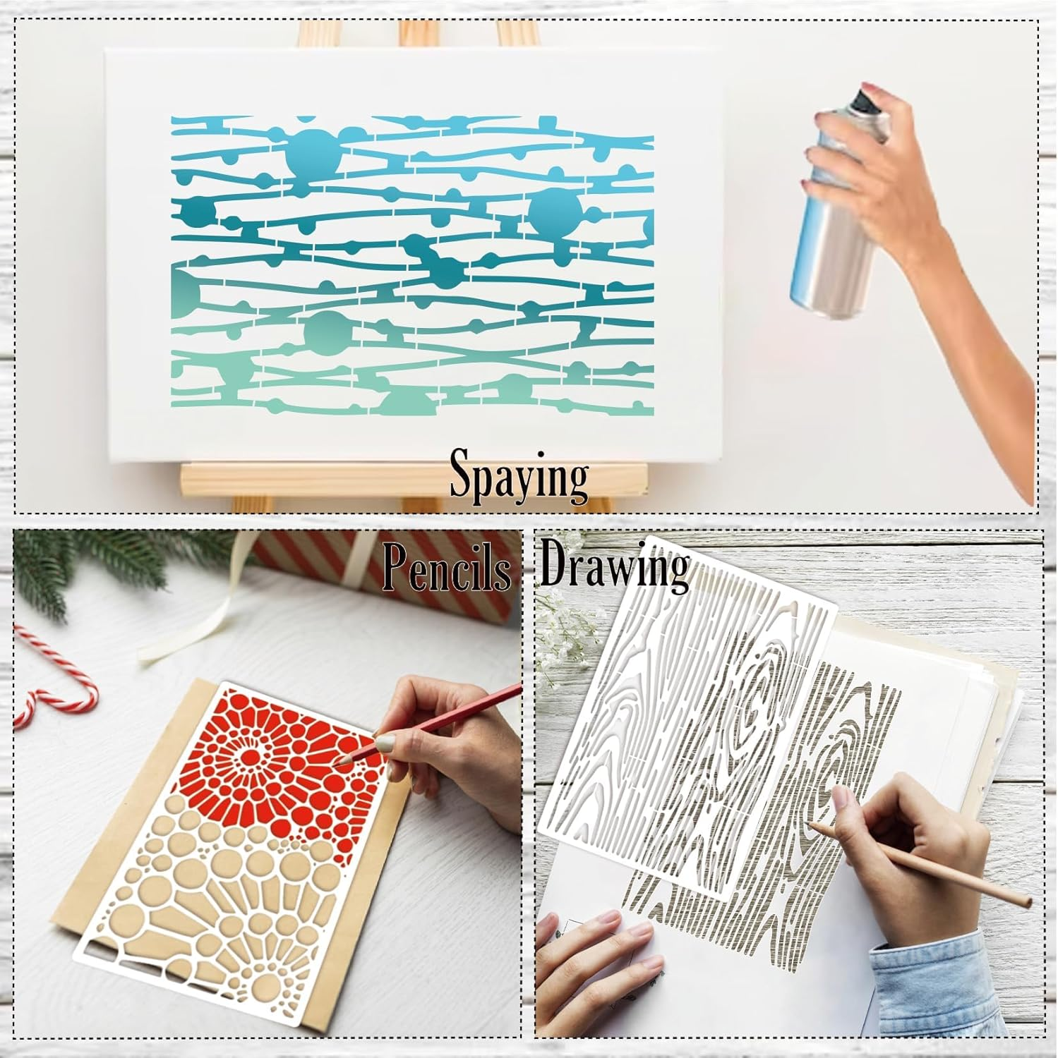 SVNXI 8 Pieces Stencils for Crafts Reusable Texture Spider Stencils Net Wood Grain Stone Spray Paint Layering Stencil Templates for DIY Scrapbook Art (White)