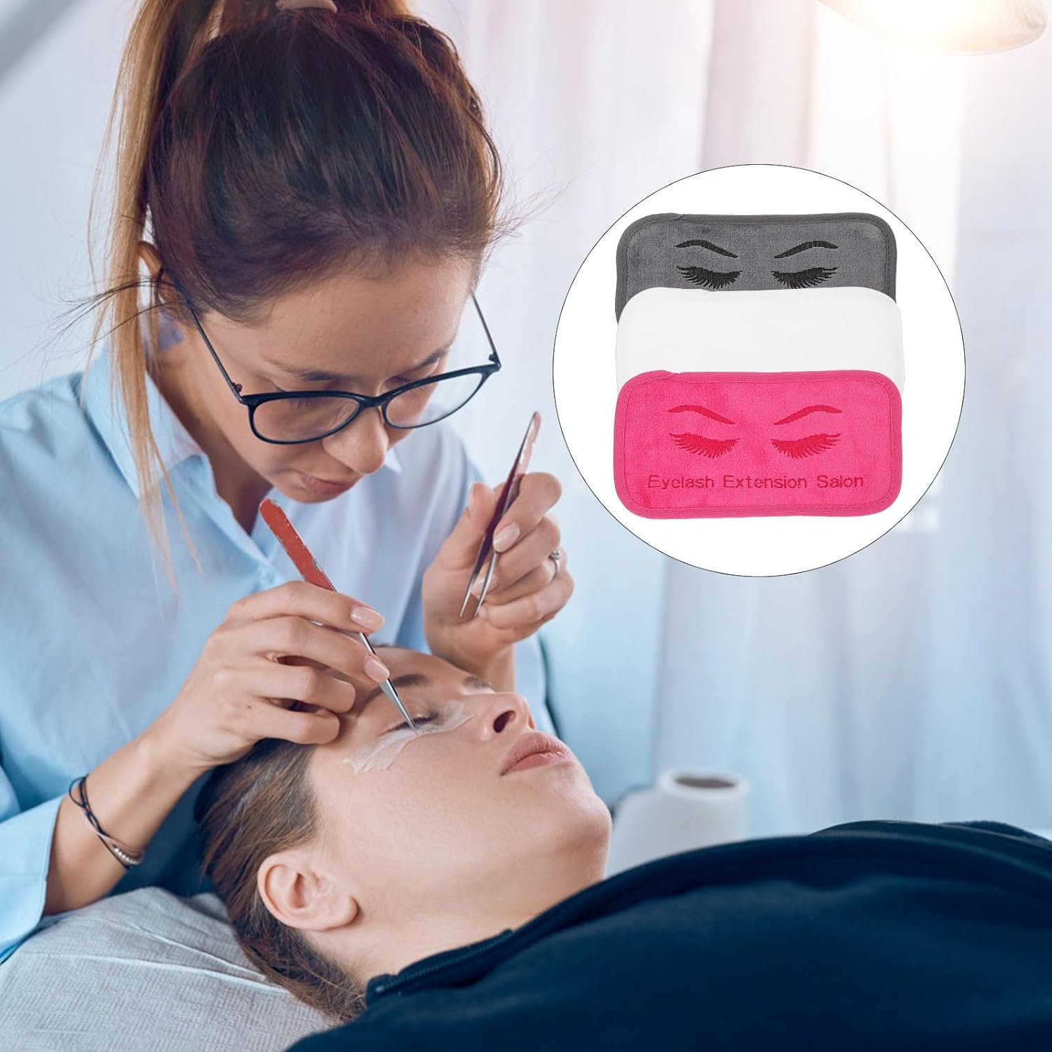 Angoily 3Pcs Eyelash Extension Forehead Pads Set, Lash Grafting Headbands with Deep Pink White Grey, Lash Extension Accessories for Professional Beauty Use image number 2