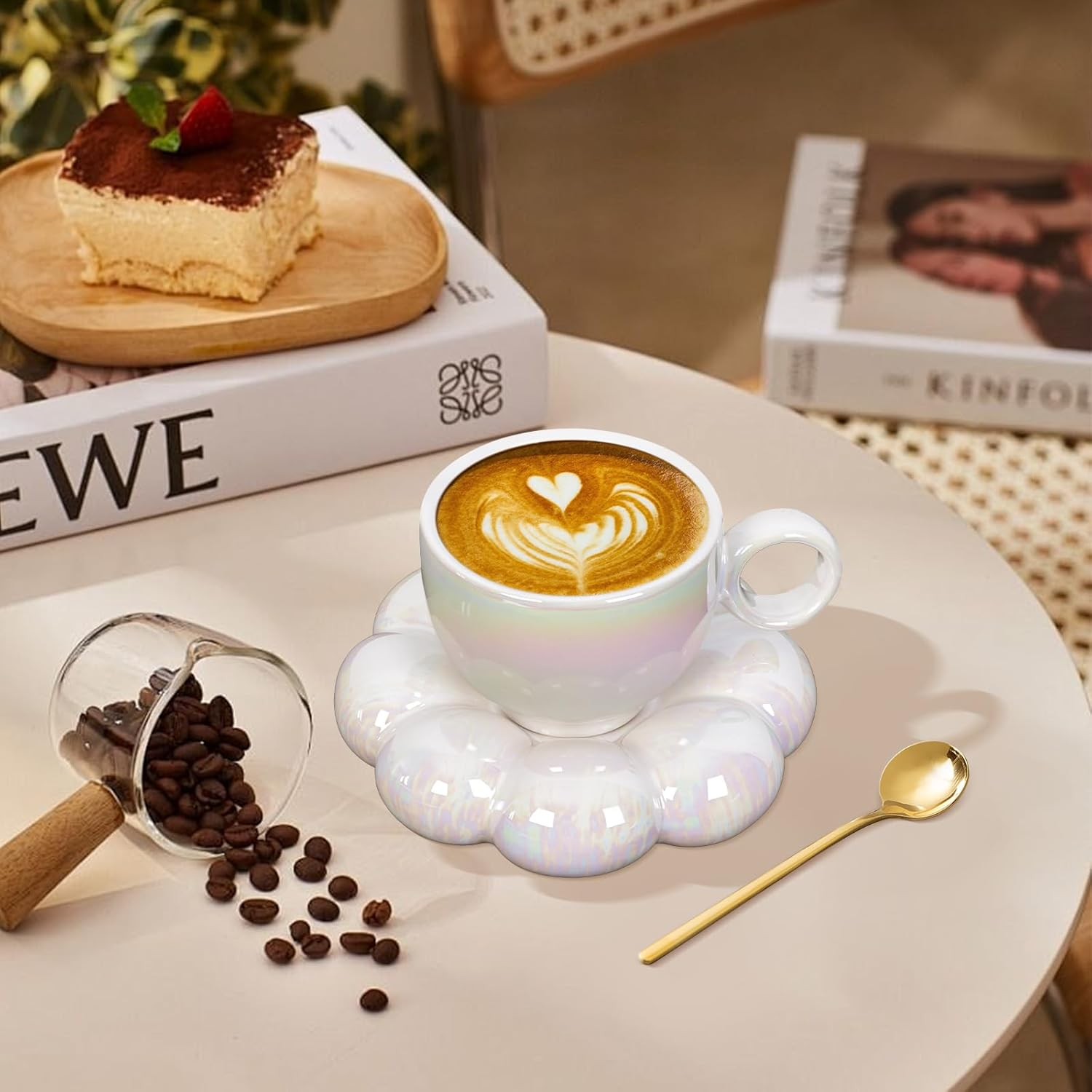 ARISKEY Cute Coffee Mug for Women,Tea Cup and Saucer Set with Spoon,6.5Oz/200Ml for Latte and Milk, a Warm Choice for Mother'S Love,Pearl White image number 5