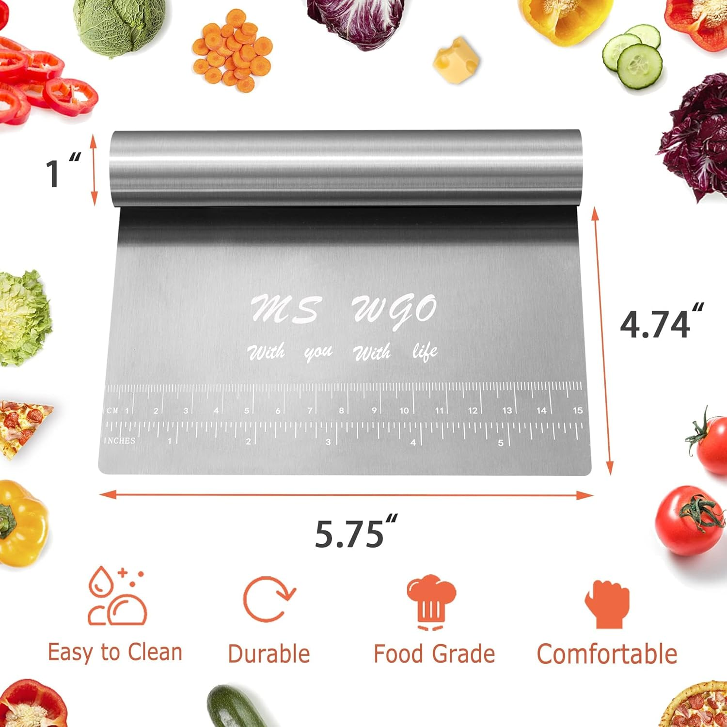 Pro Dough Pastry Scraper/Cutter / Chopper Stainless Steel Mirror Polished Good Grips with Measuring Scale Multipurpose- Cake, Pizza Cutter - Pastry Bread Separator Scale Knife image number 6