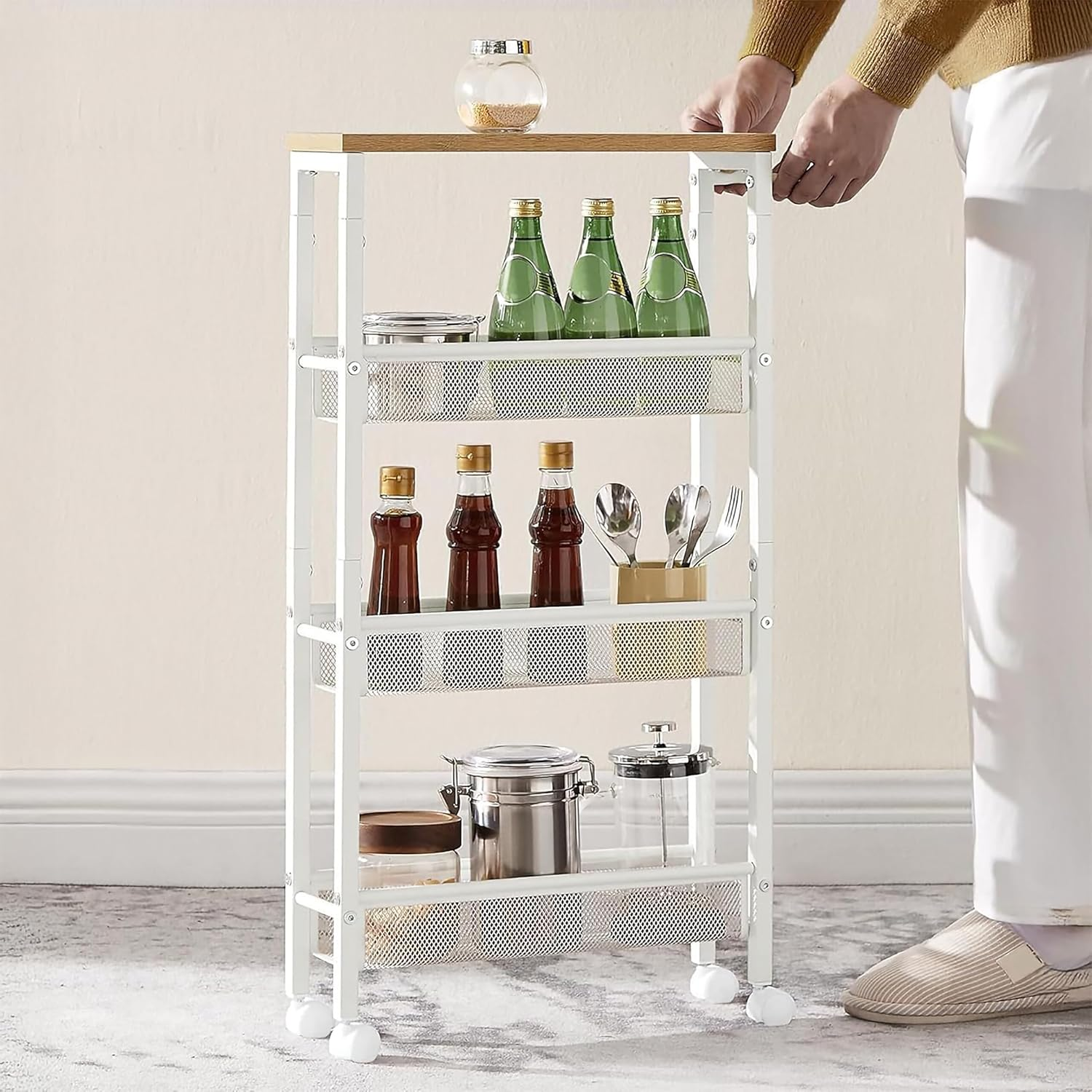 Relaxdays Niche Trolley, H X W X D: 77 X 13 X 45 Cm, Narrow Recess Shelf, Bathroom & Kitchen, 4 Levels, Metal Rolling Shelf, Natural/White image number 2