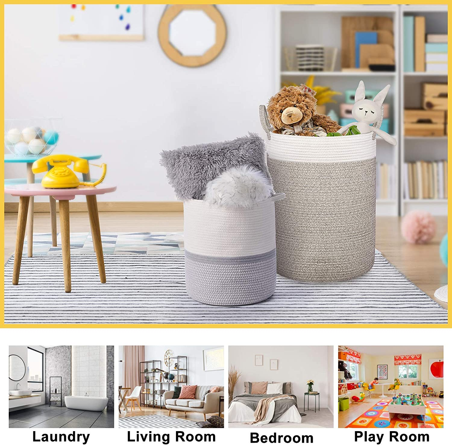 Xcellent Global Cotton Woven Storage Basket, Large Rope Nursery Hamper Bin and Organizer with Handles for Blankets, Toys, Towels and Laundry D40 X H55Cm image number 6