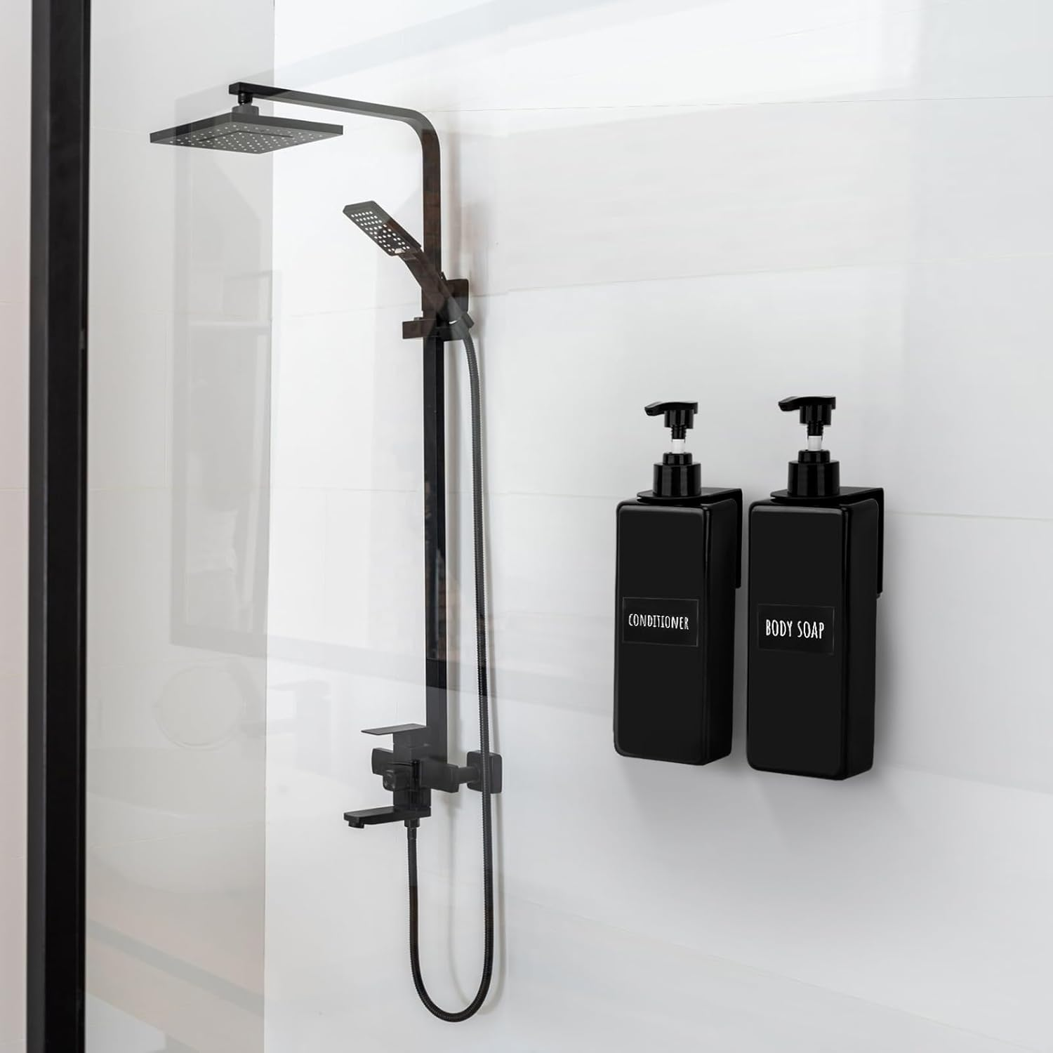 Segbeauty Wall Mounted Soap Dispenser, 3Pcs 500Ml Hand Soap Dispenser, Empty Shower Bottles, No Drilling Pump Dispenser with Labels, for Kitchen and Bathroom (Black) - White image number 3